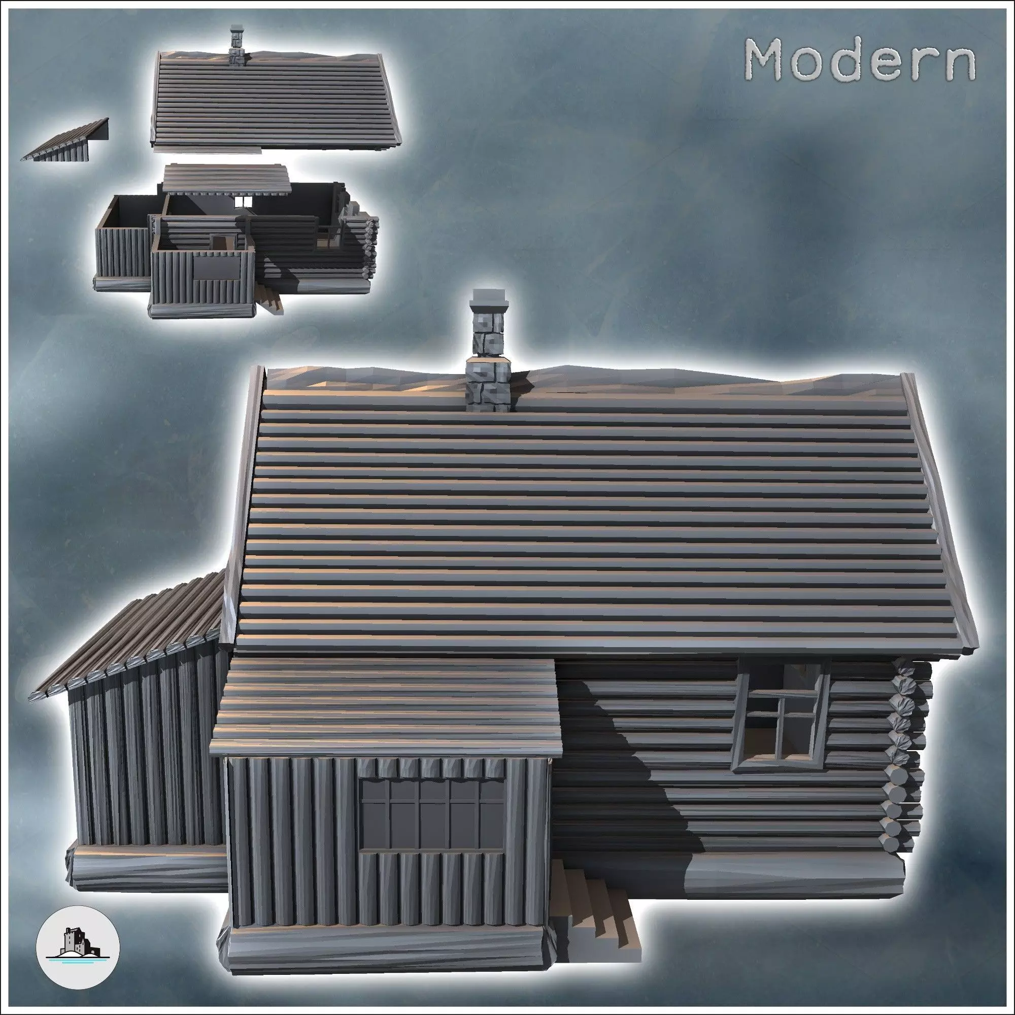 Log house with annex and fireplace 4 - Modern WW2 WW1 World War  3D print model_1