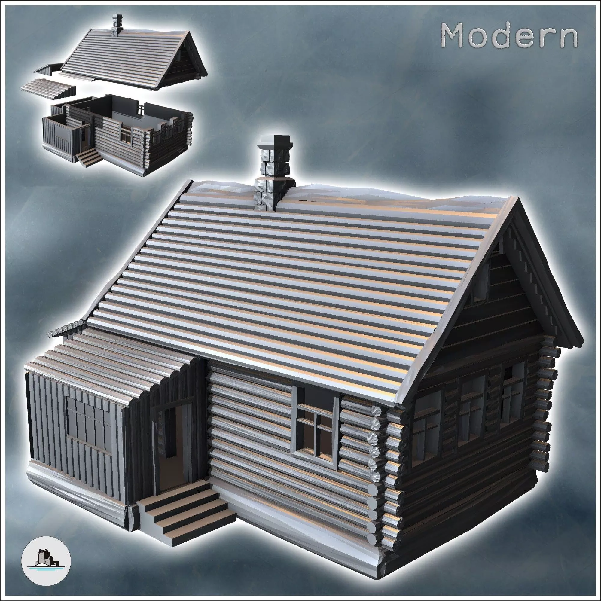 Log house with annex and fireplace 4 - Modern WW2 WW1 World War  3D print model_0
