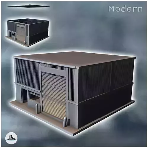 Modern industrial garage with large door and sheet metal walls 8