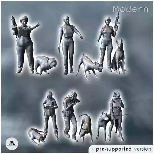 Set of six modern armed women with attack dogs 1