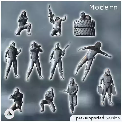 Squad of modern soldiers in CBRN biochemical risk protective sui