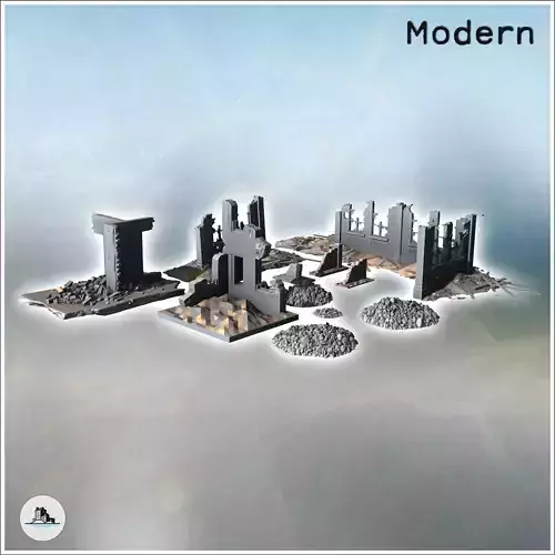 Set of ruins with wall sections windows and debris 1 - Modern WW