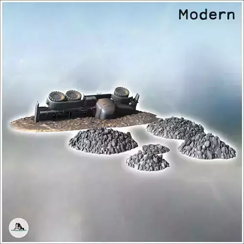 Set of ruins and debris with the carcass of a six-wheeled truck 