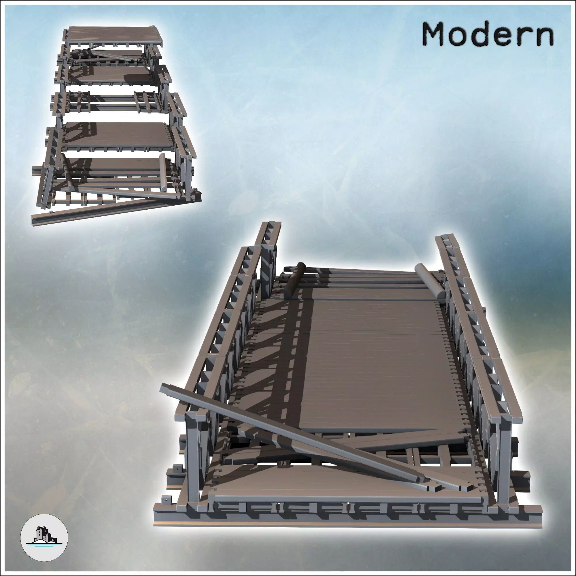 Modular modern metal bridge with wooden plank intact and damaged 3D print model_3