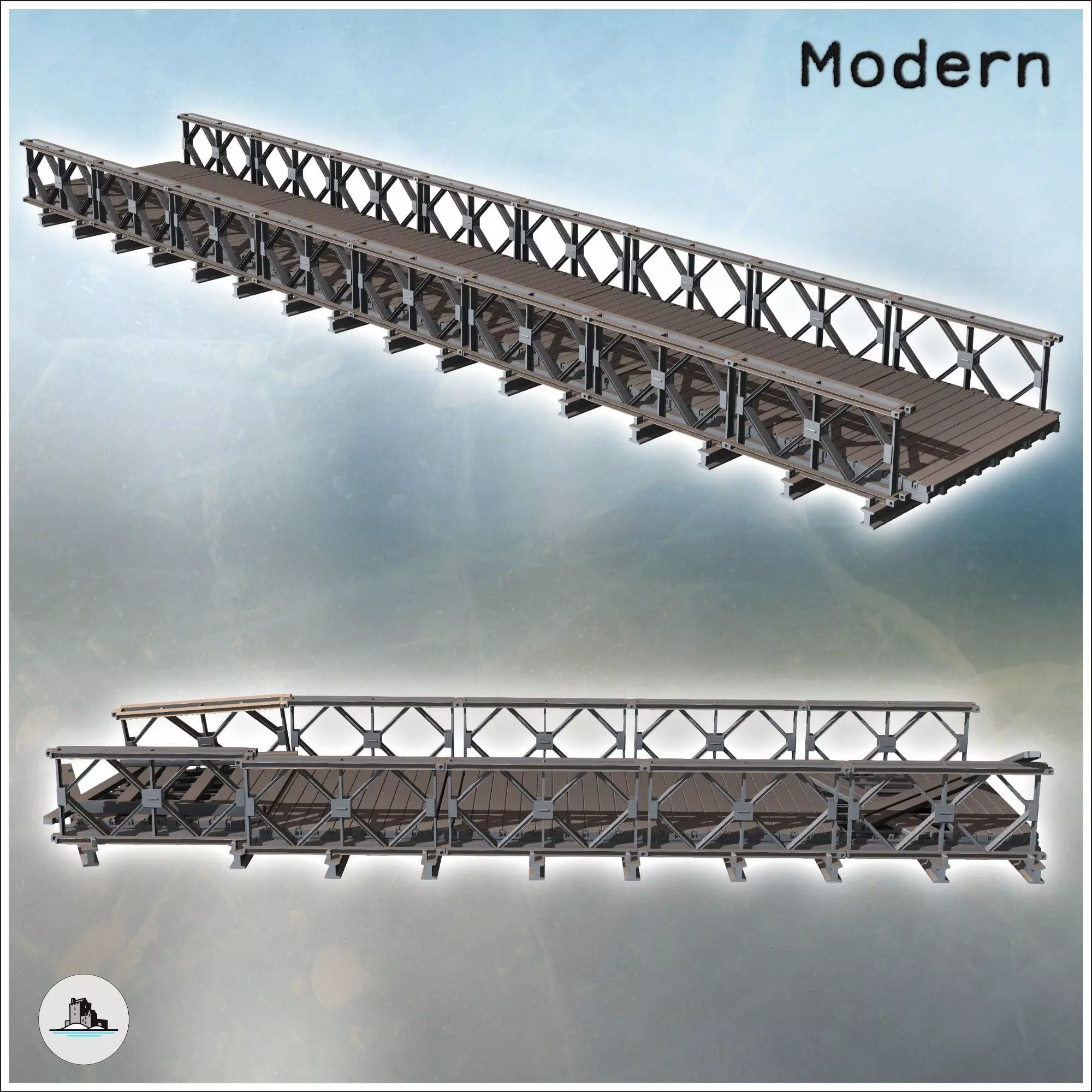 Modular modern metal bridge with wooden plank intact and damaged 3D print model_4
