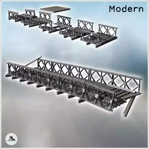 Modular modern metal bridge with wooden plank intact and damaged 3D print model Modular modern metal bridge with wooden plank intact and damaged 3D print model