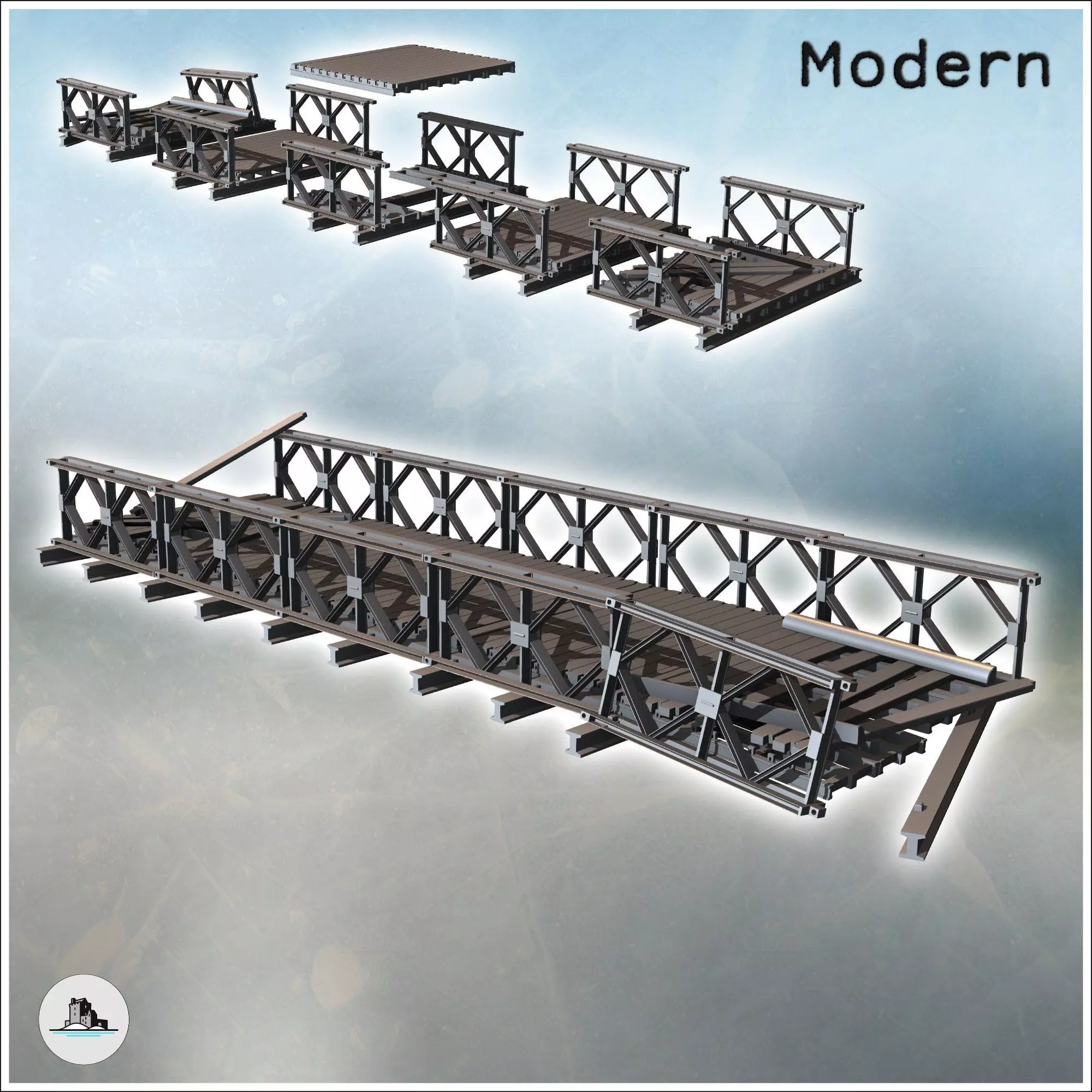 Modular modern metal bridge with wooden plank intact and damaged 3D print model_0