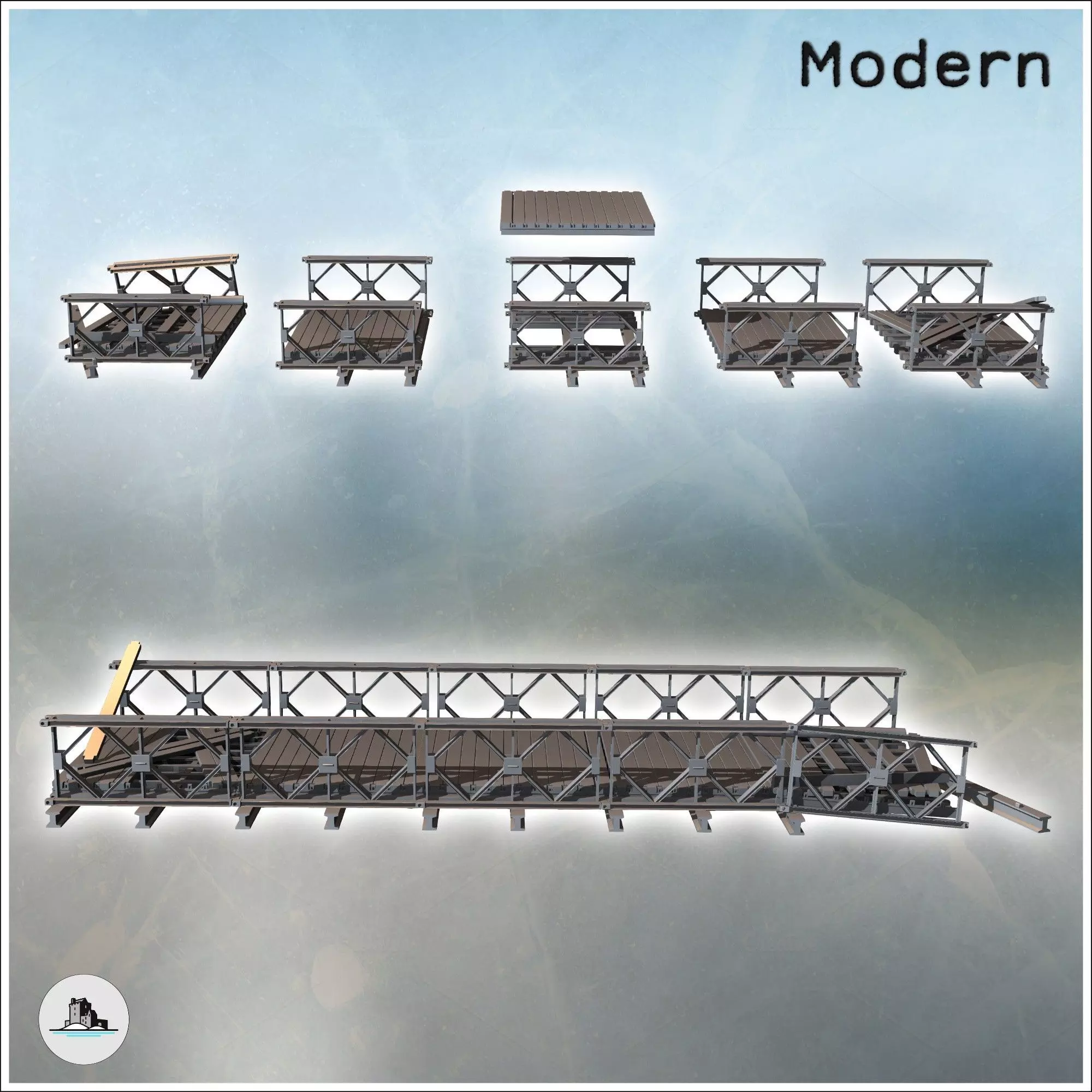 Modular modern metal bridge with wooden plank intact and damaged 3D print model_2