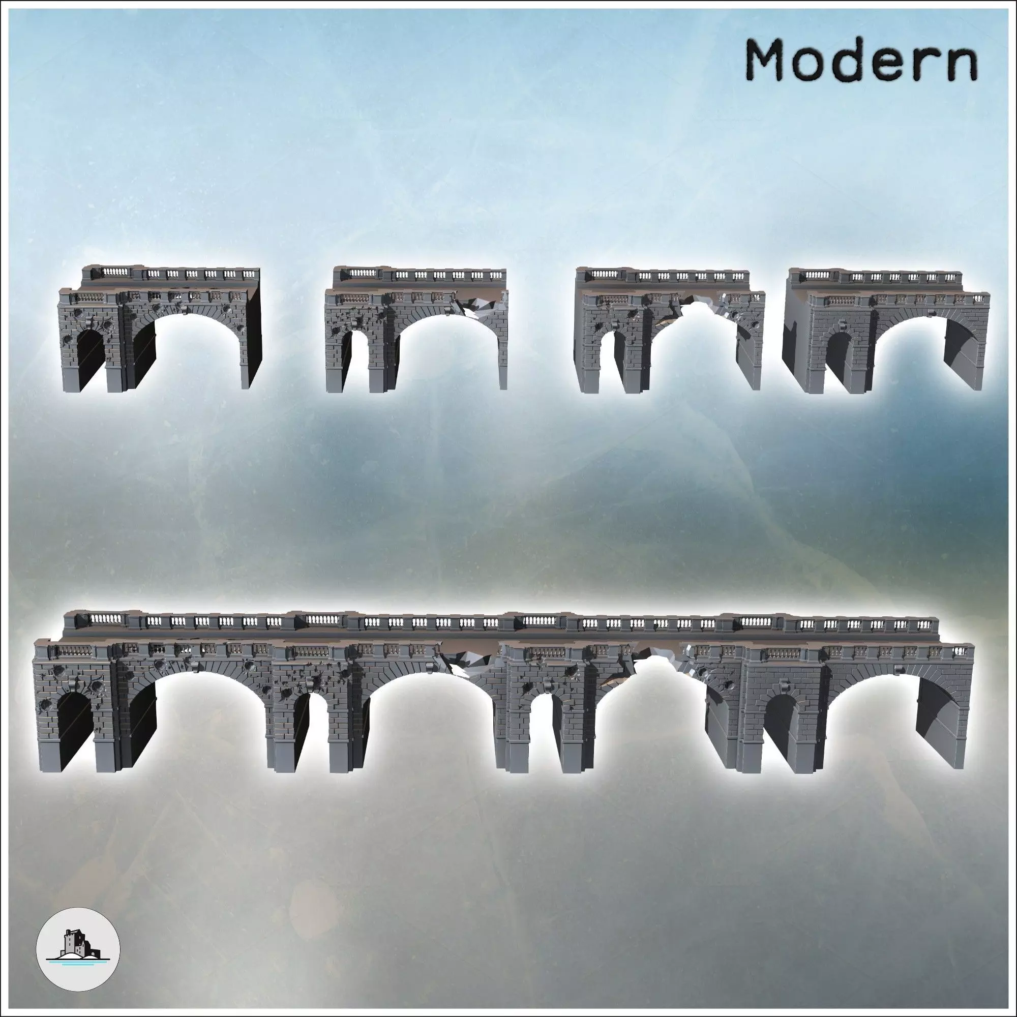 Modern modular brick bridge with multiple pillars and stone rail 3D print model_1