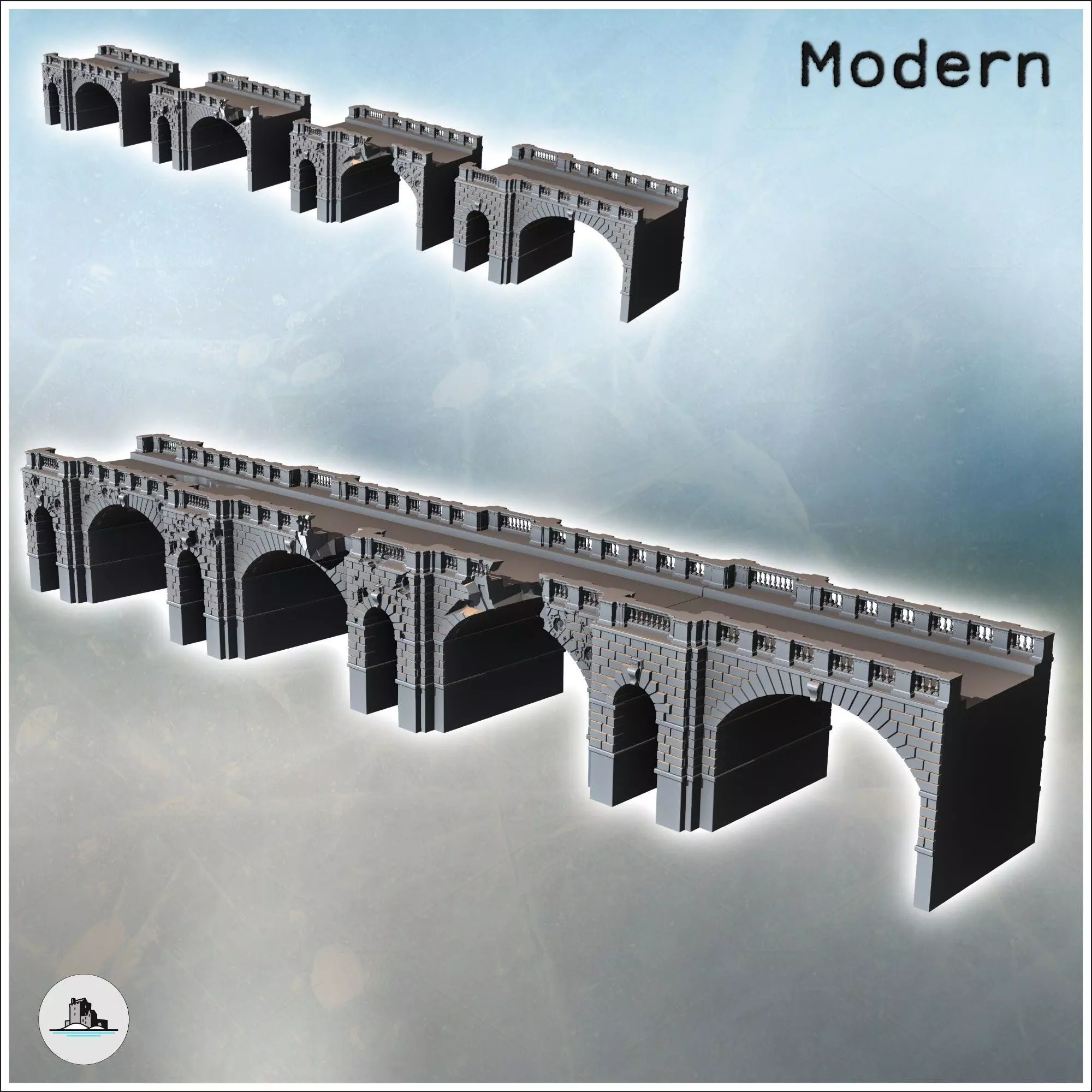 Modern modular brick bridge with multiple pillars and stone rail 3D print model_0