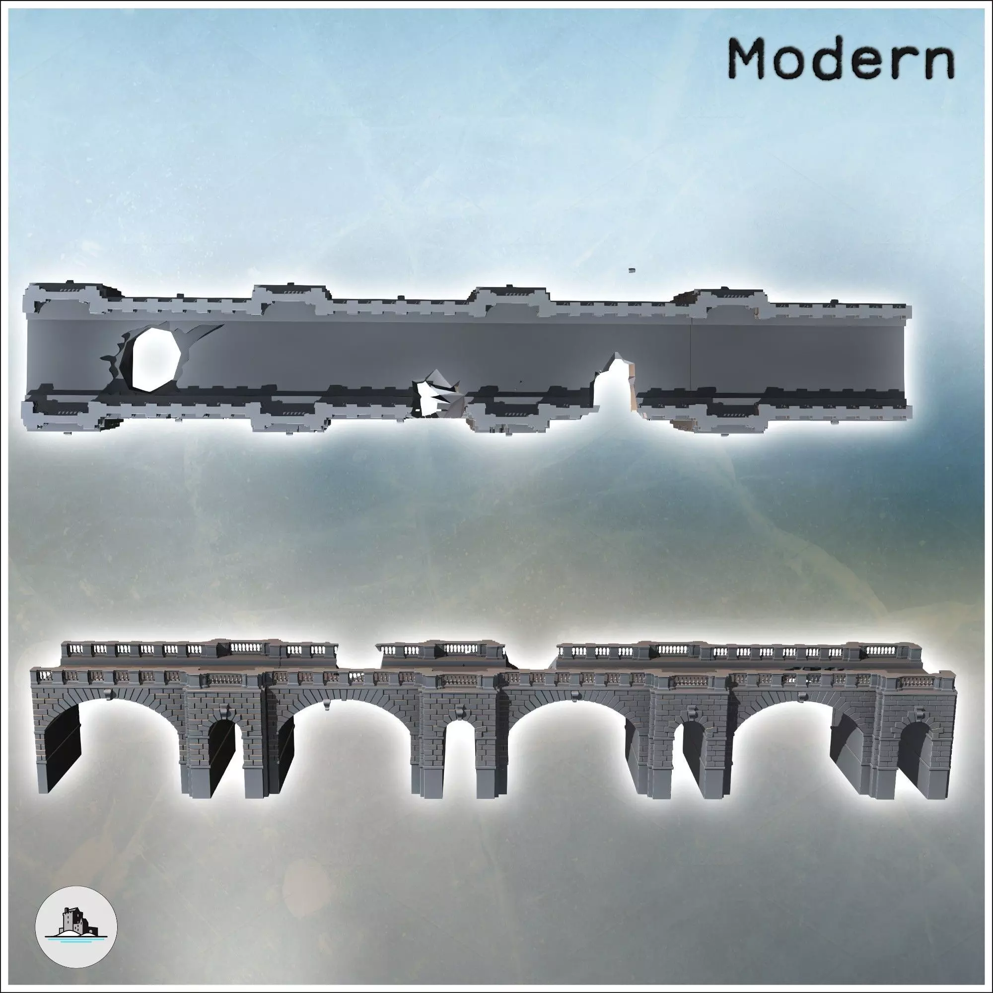 Modern modular brick bridge with multiple pillars and stone rail 3D print model_3