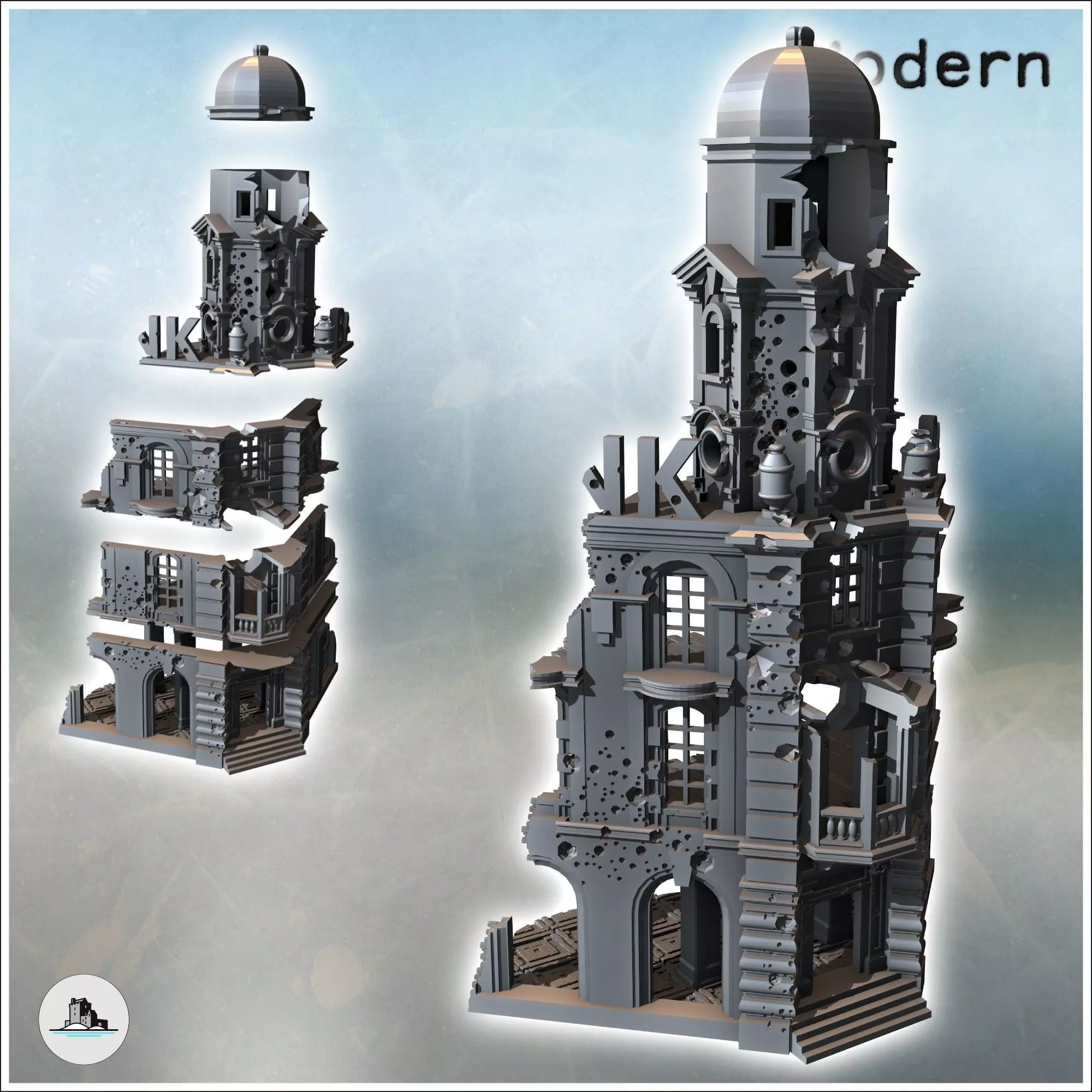 Corner ruin with multiple floors baroque bell tower and clock 3 3D print model_1