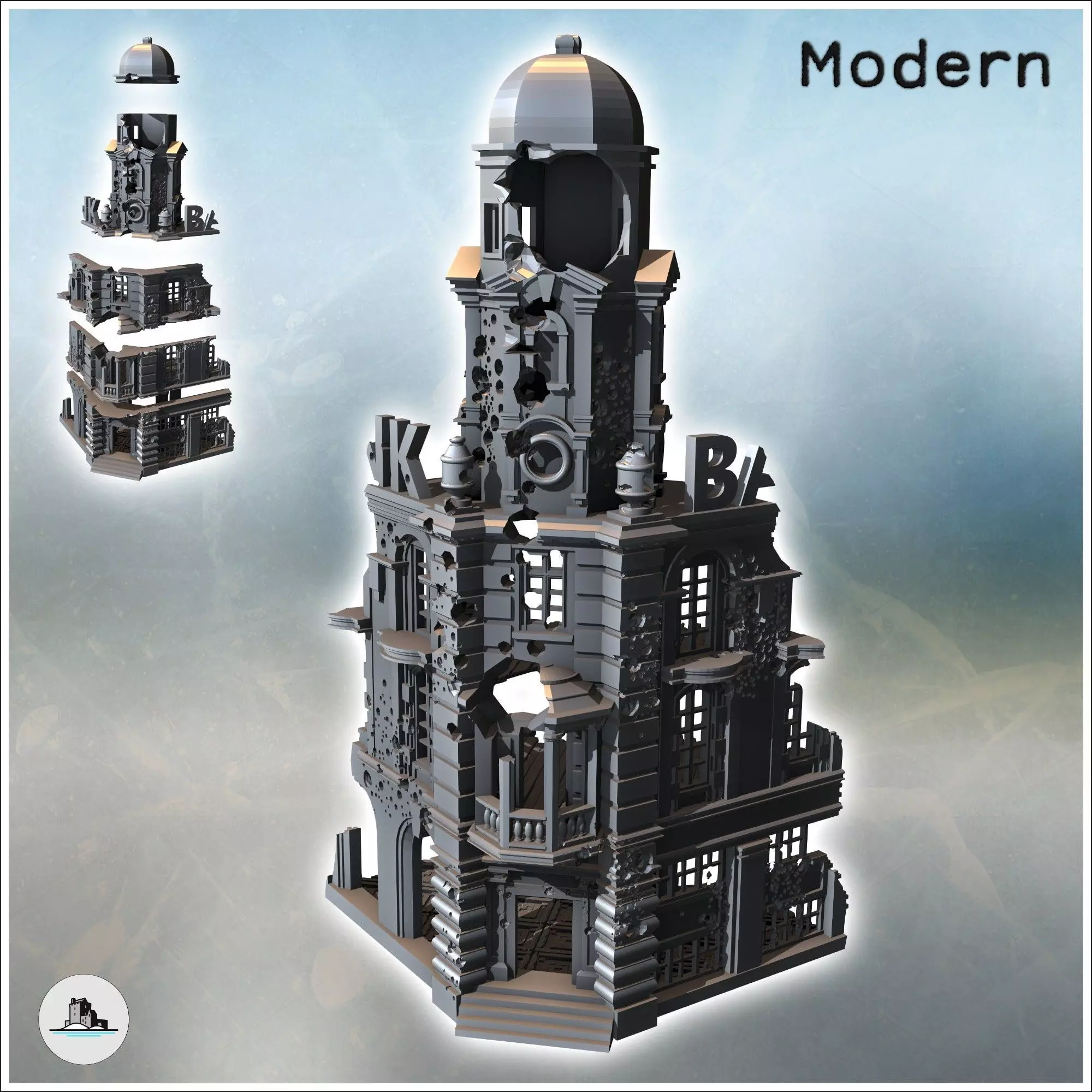 Corner ruin with multiple floors baroque bell tower and clock 3 3D print model_0