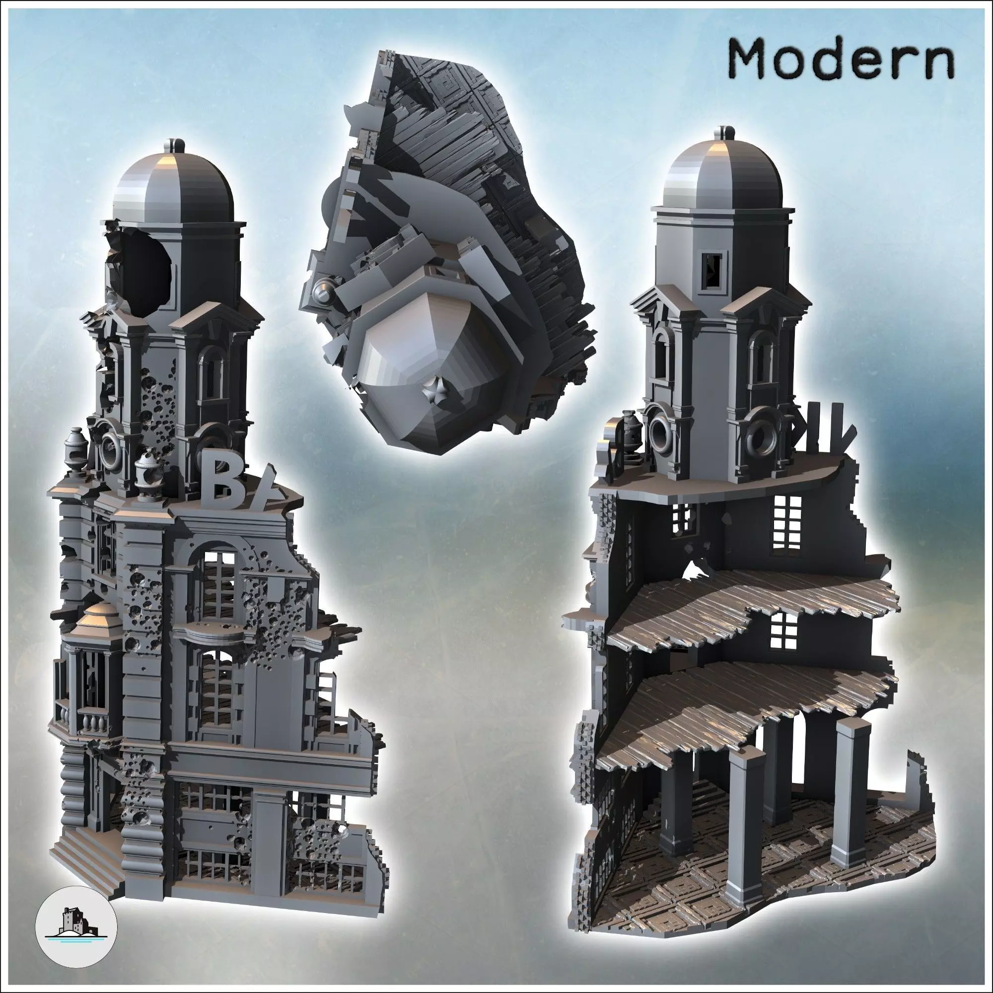 Corner ruin with multiple floors baroque bell tower and clock 3 3D print model_3
