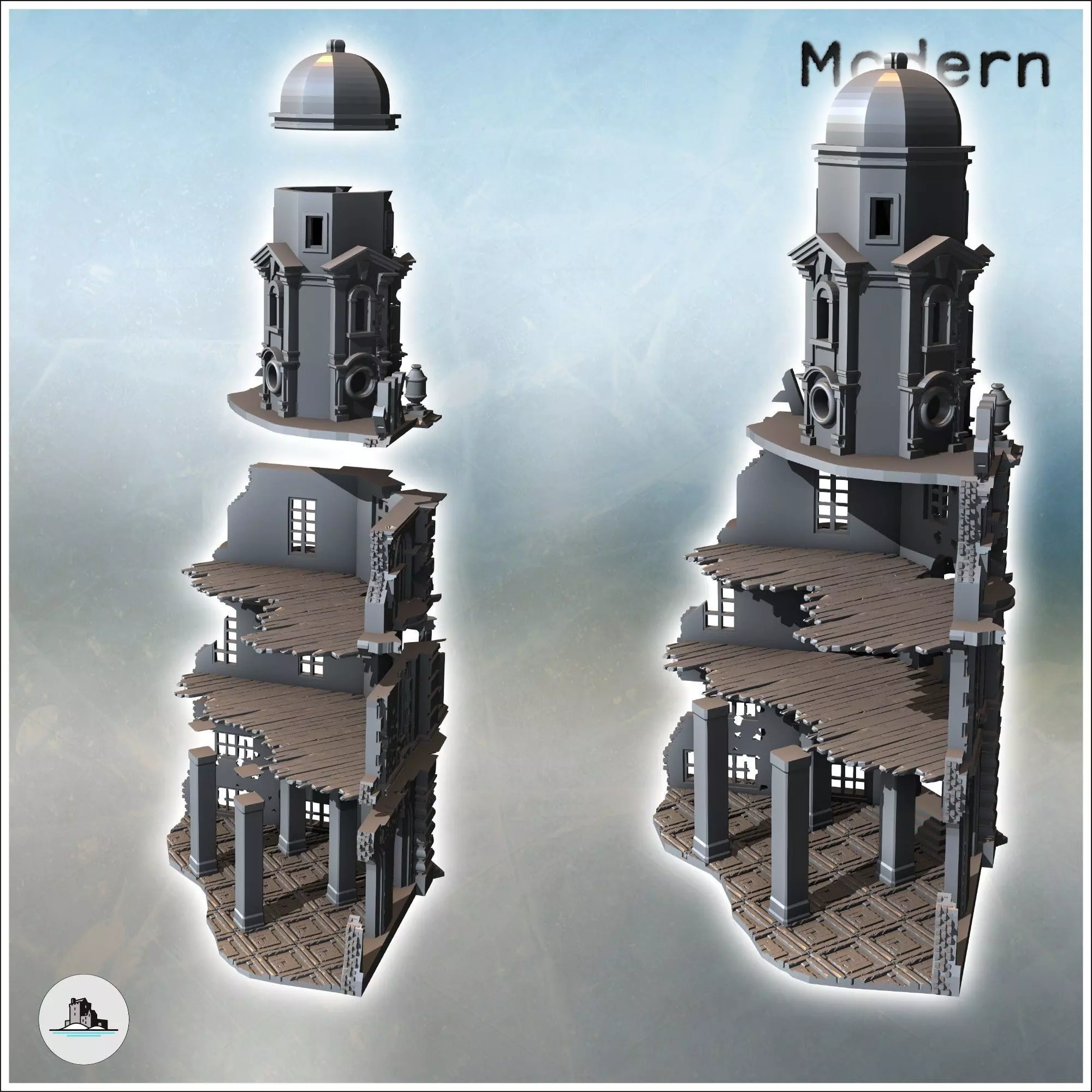 Corner ruin with multiple floors baroque bell tower and clock 3 3D print model_2