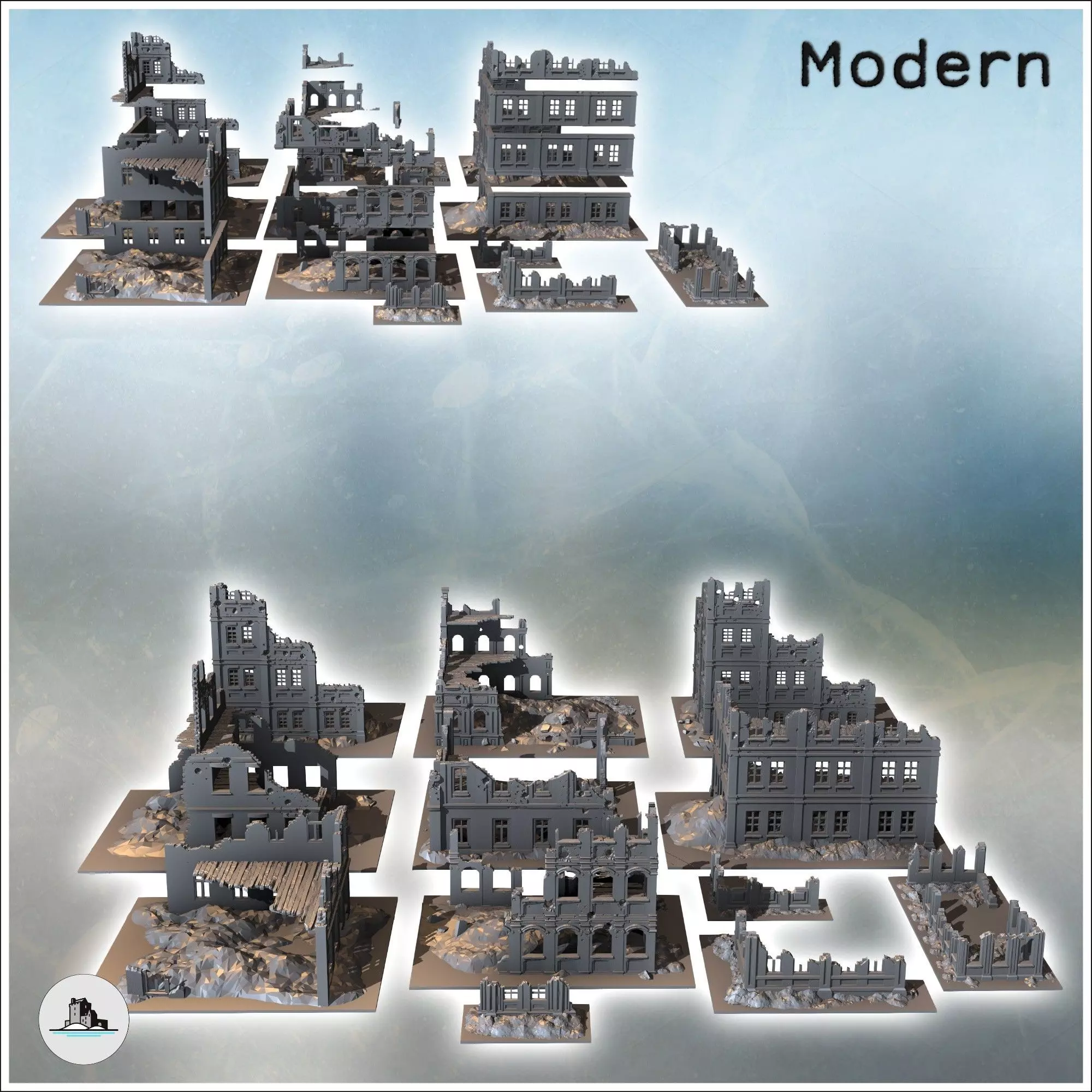 Set of twelve large modern and futuristic ruins with floors 4 - 3D print model_1