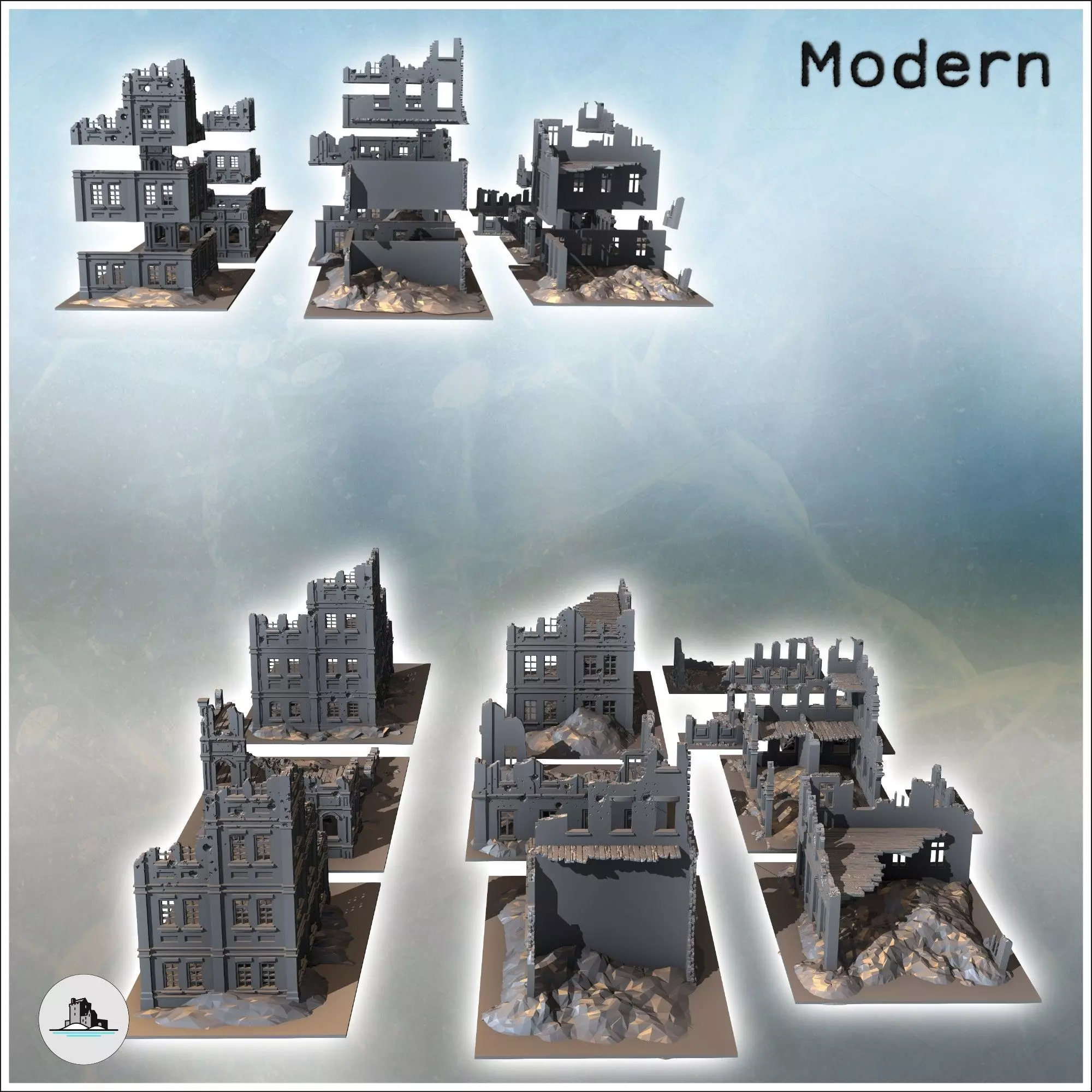 Set of twelve large modern and futuristic ruins with floors 4 - 3D print model_2