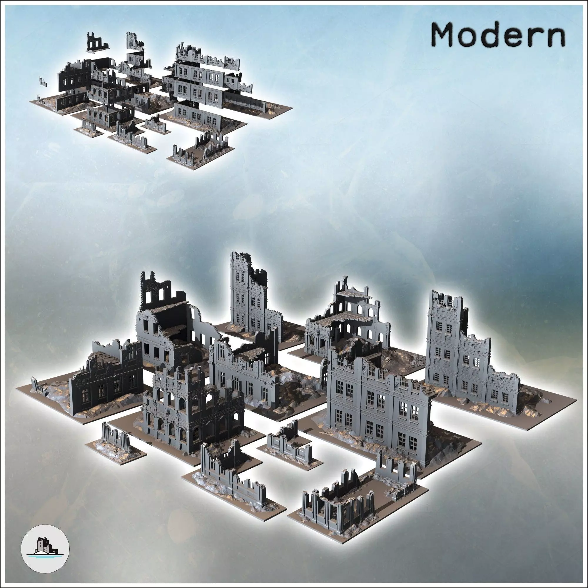 Set of twelve large modern and futuristic ruins with floors 4 - 3D print model_0