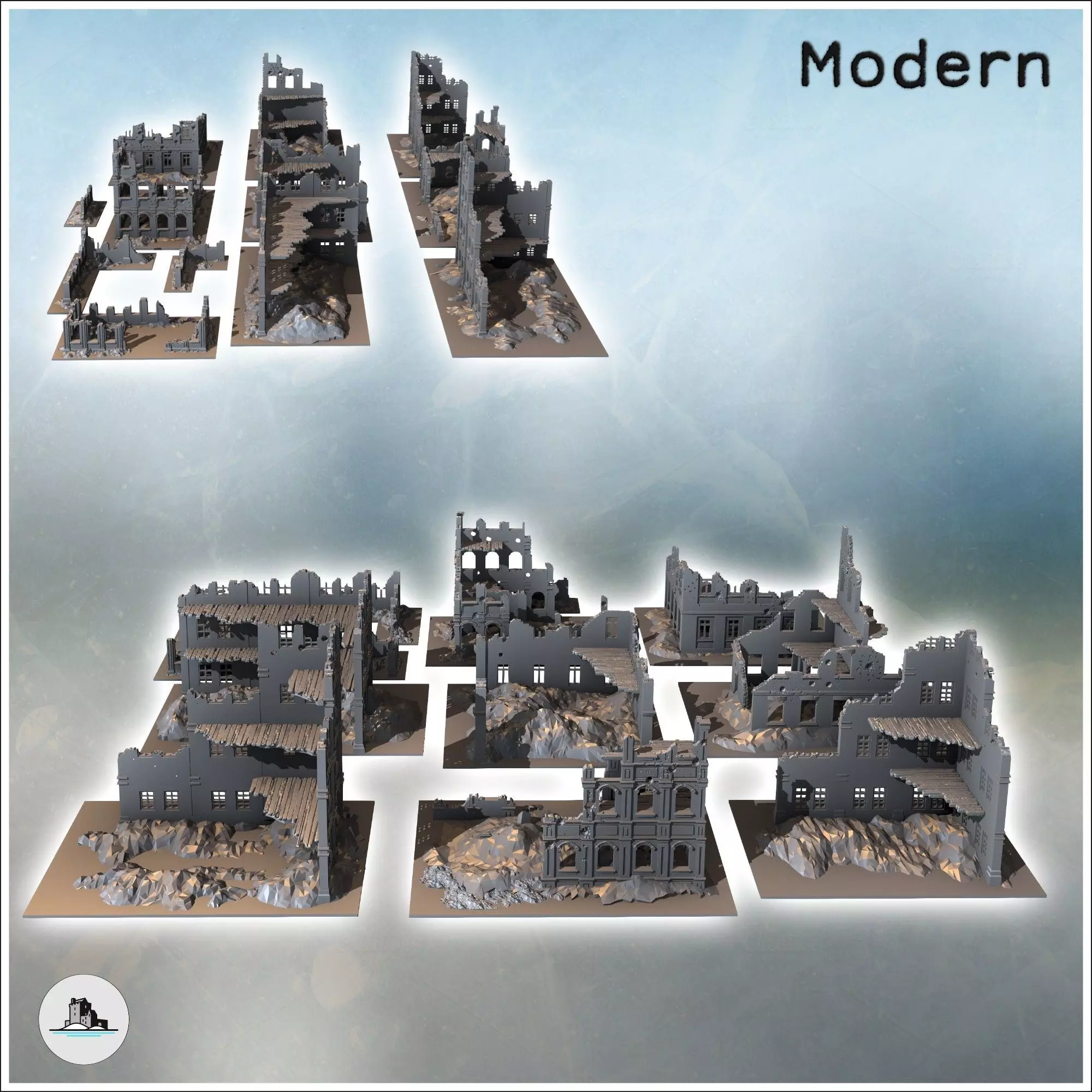 Set of twelve large modern and futuristic ruins with floors 4 - 3D print model_3