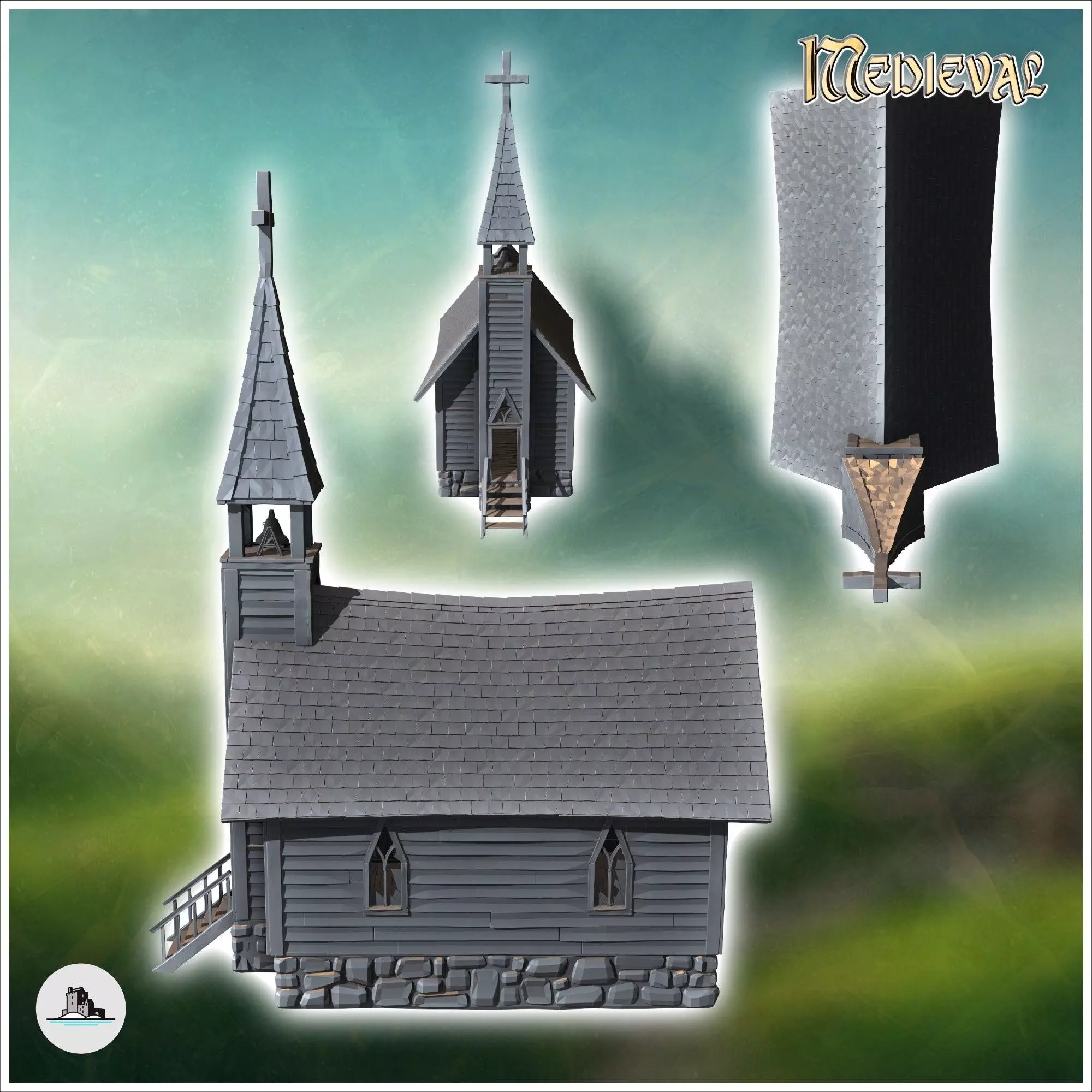 Medieval wooden chapel with a stone base and access stairs 7 - M 3D print model_3