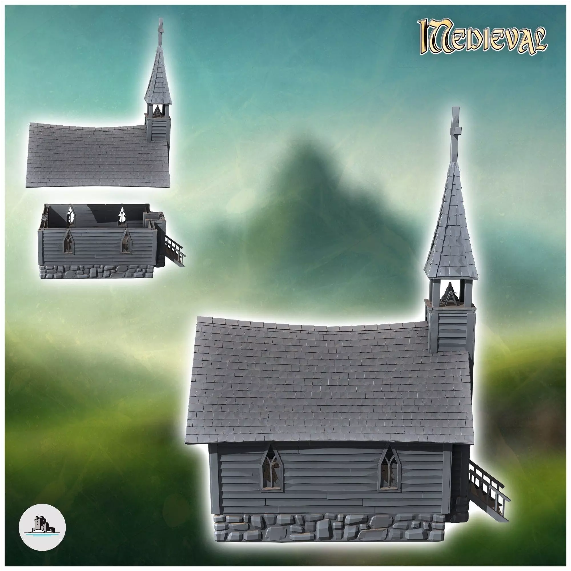 Medieval wooden chapel with a stone base and access stairs 7 - M 3D print model_1