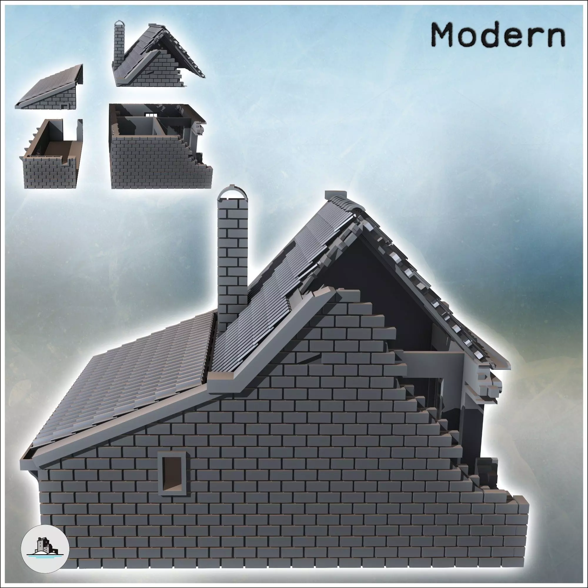 Single-story house with brick walls tiled roof and rear annex 9 3D print model_2