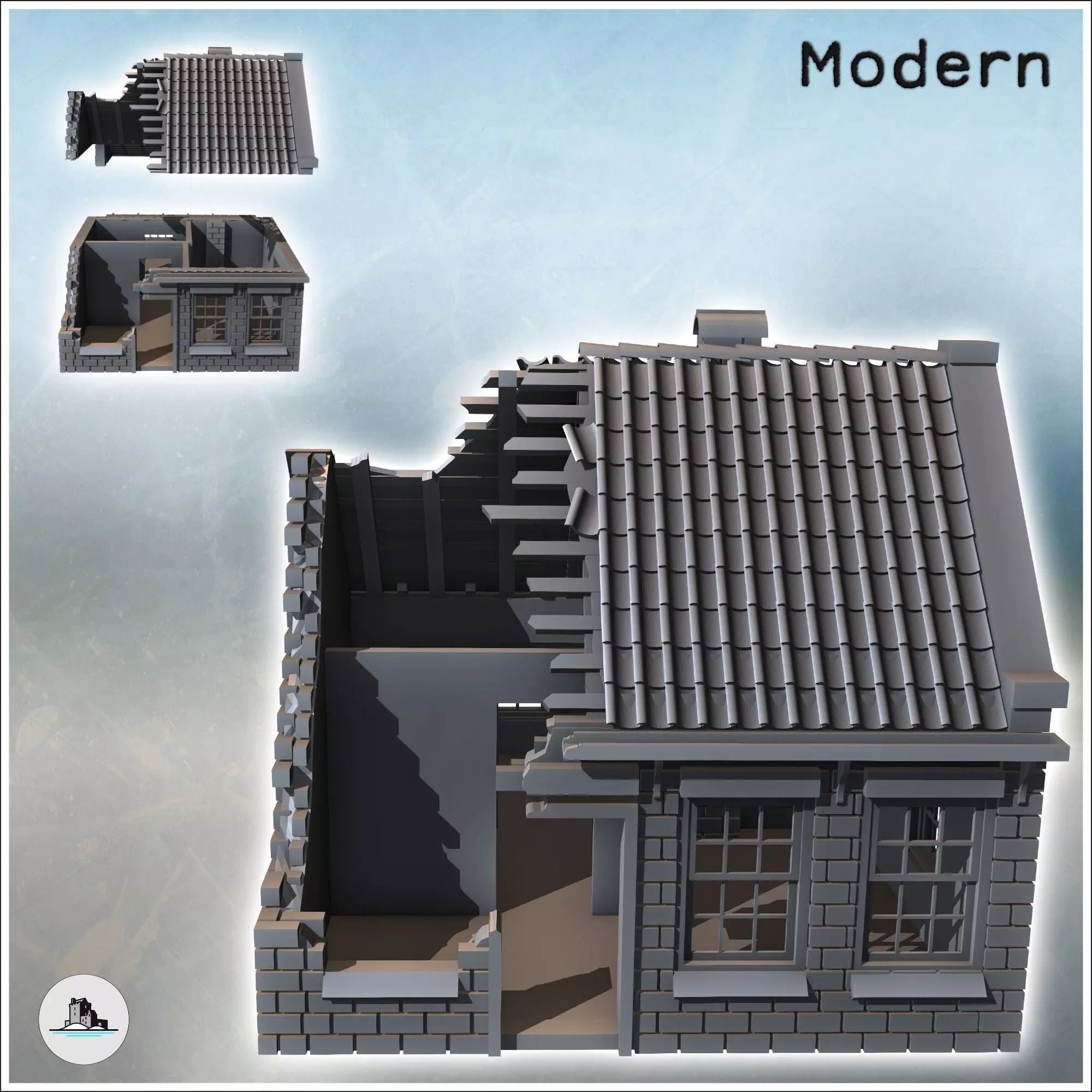 Single-story house with brick walls tiled roof and rear annex 9 3D print model_1