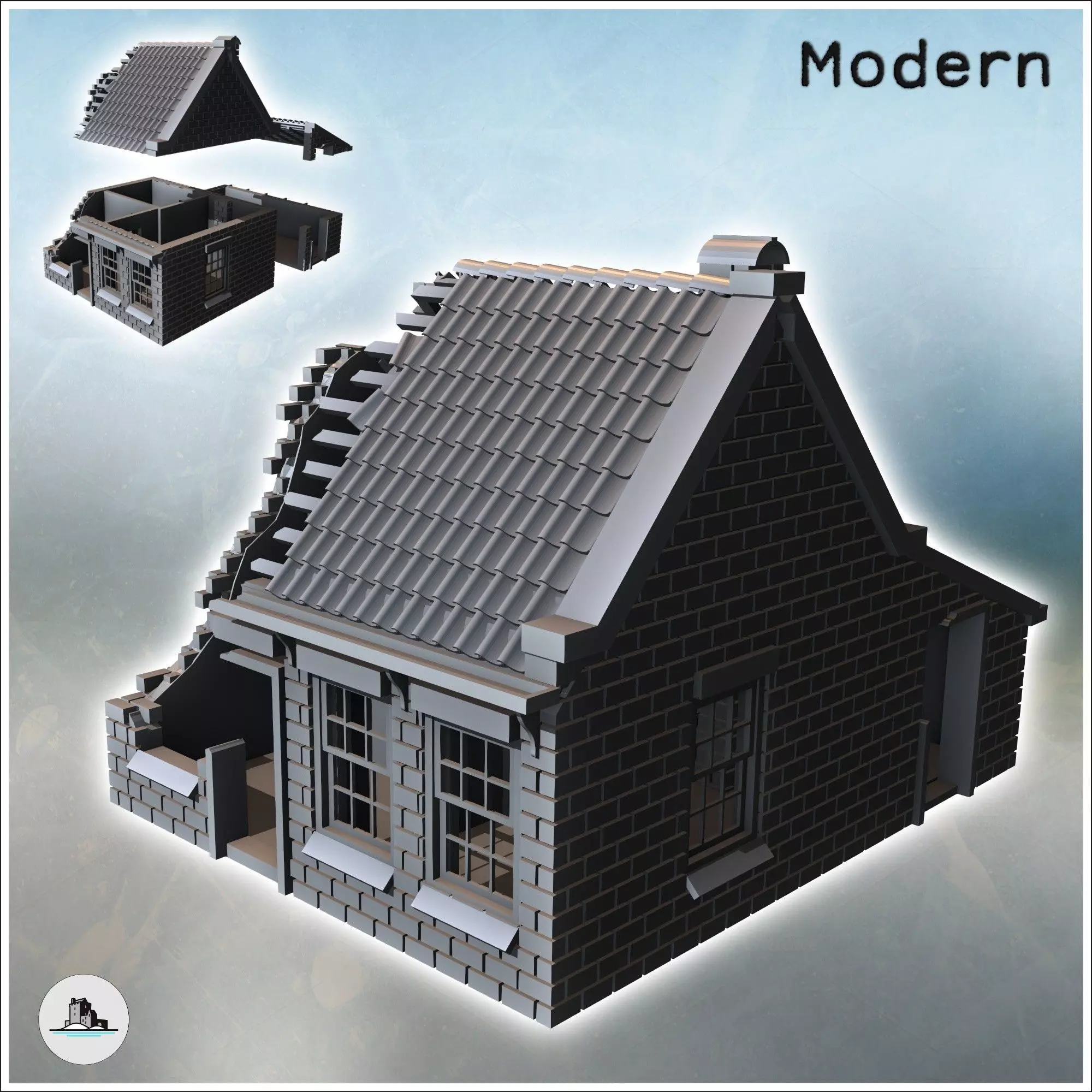 Single-story house with brick walls tiled roof and rear annex 9 3D print model_0