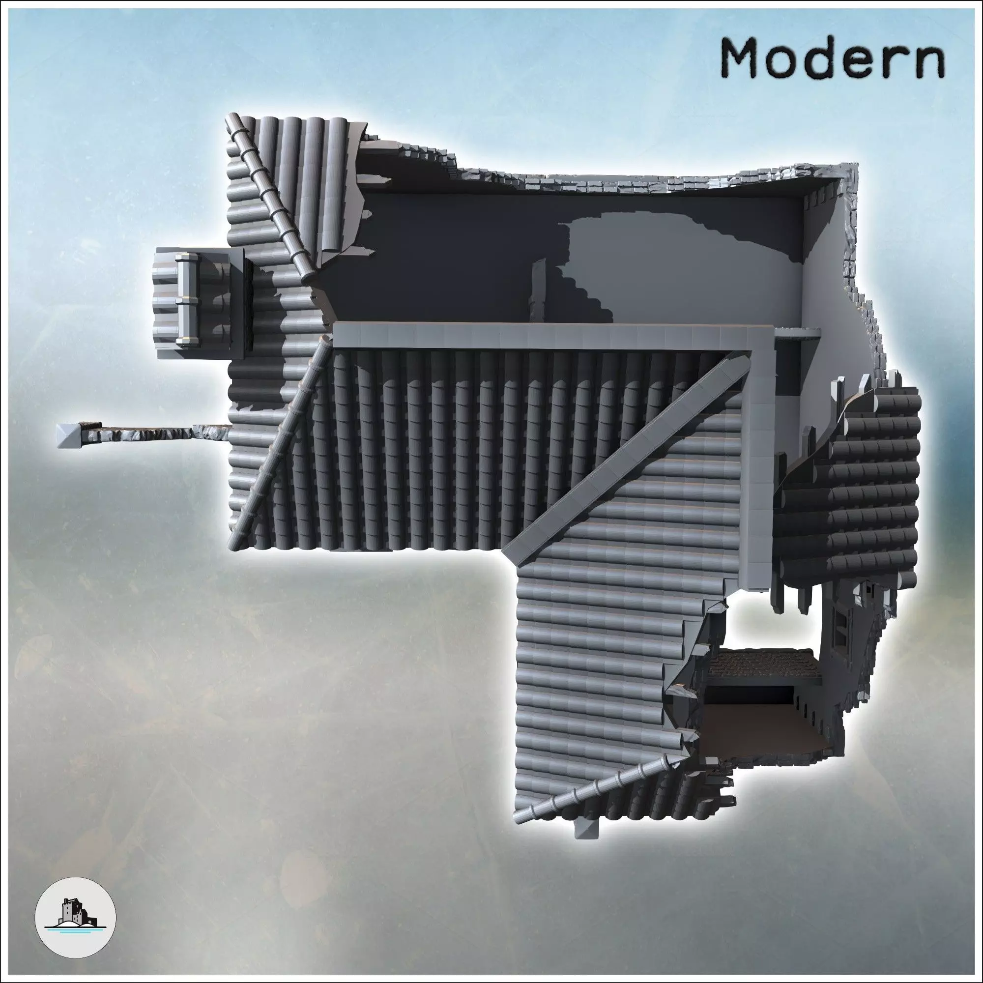 Partially destroyed large brick building with passage arch and a 3D print model_4