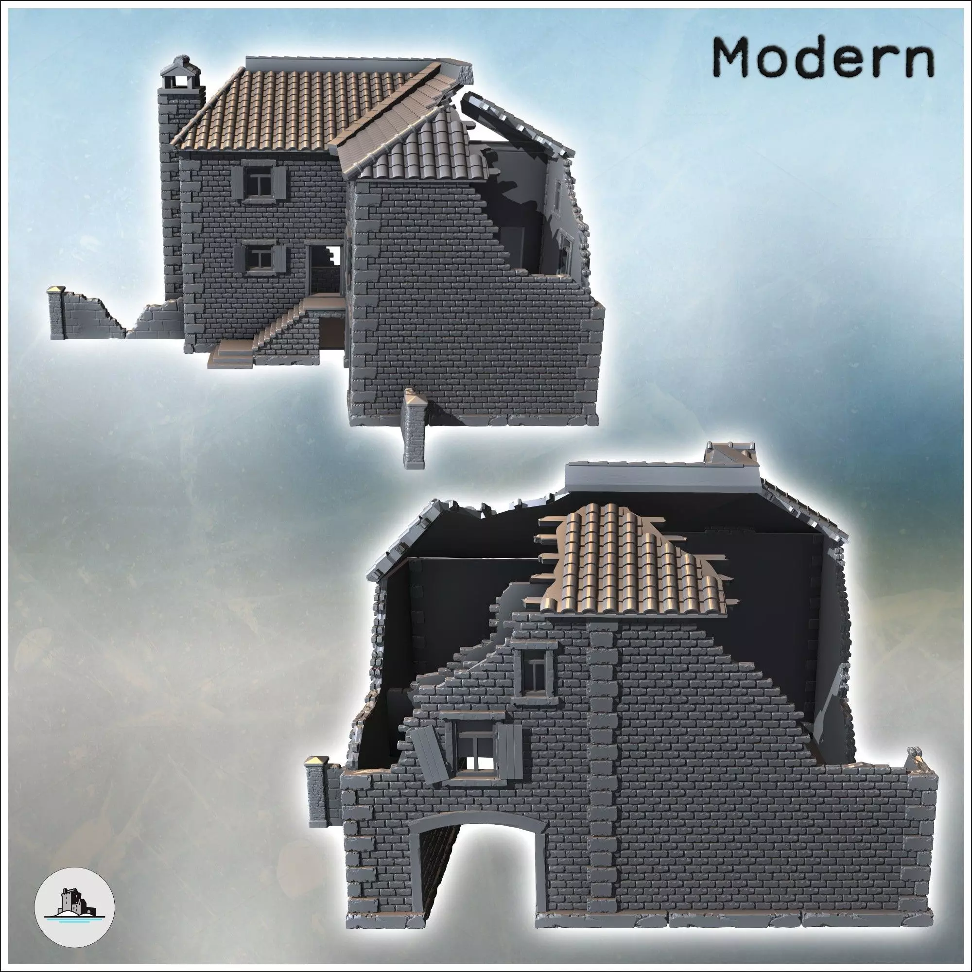 Partially destroyed large brick building with passage arch and a 3D print model_3