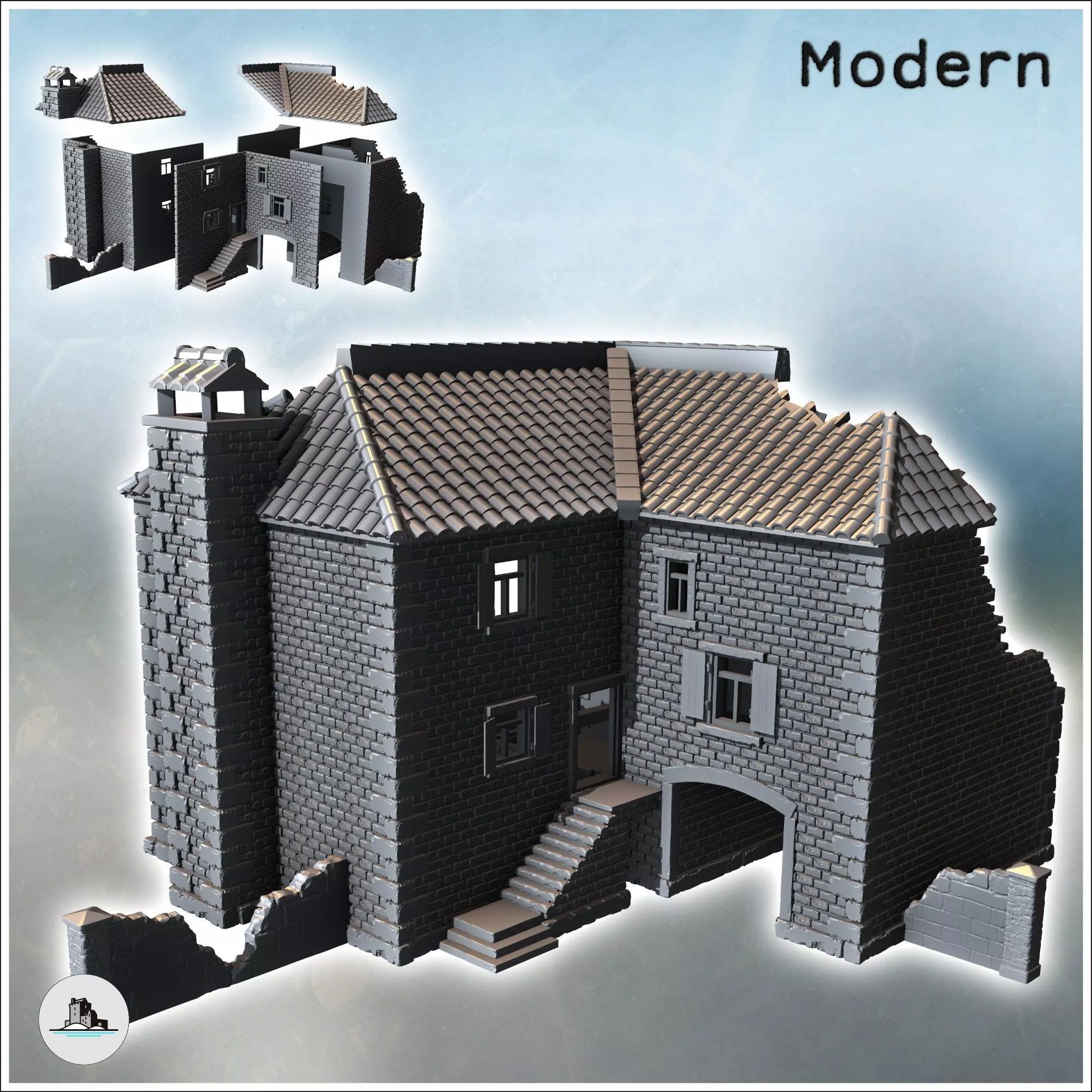 Partially destroyed large brick building with passage arch and a 3D print model_0