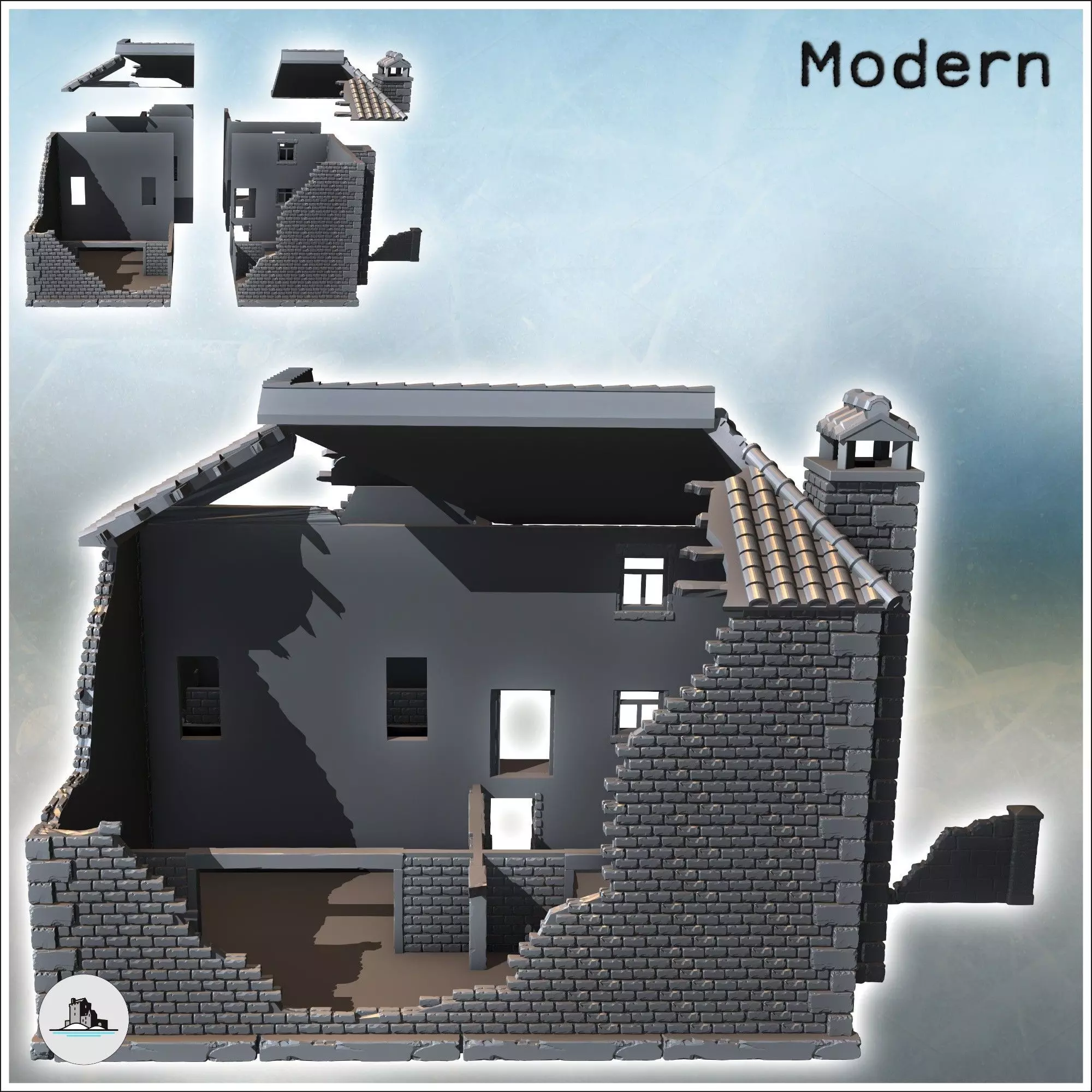 Partially destroyed large brick building with passage arch and a 3D print model_2