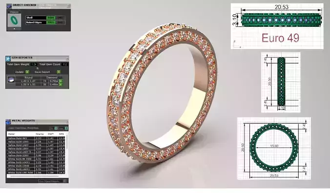Three-Row Diamond Eternity Band in Rose Gold model rr0032