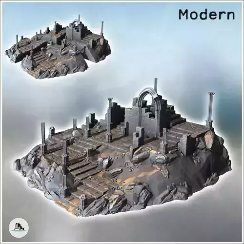 Ancient ruined temple with multiple columns on hills with stone 