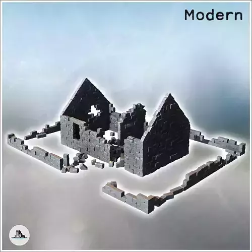 Stone house ruin with a central load-bearing wall and stone encl