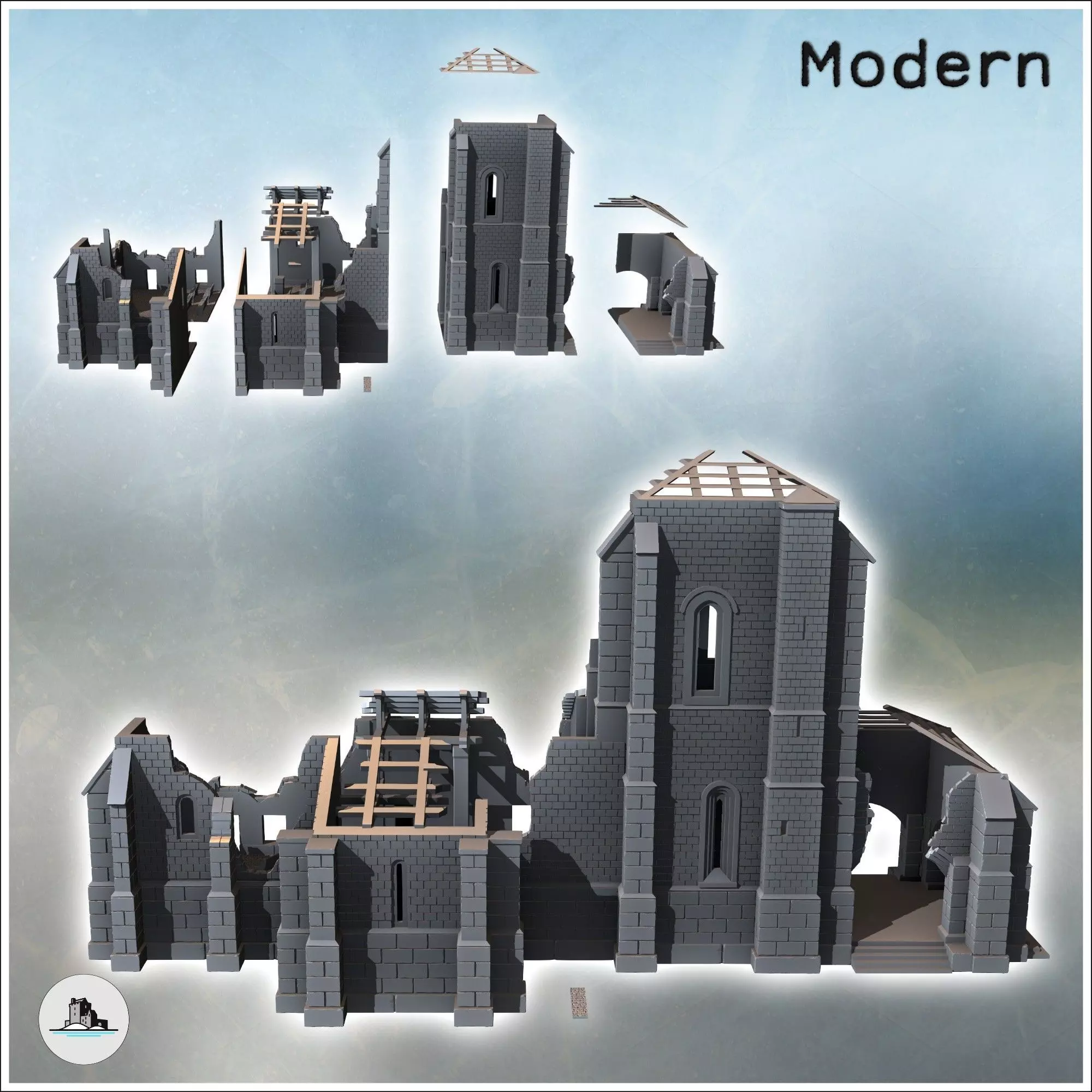 Ruined Spanish-style stone church with large corner buttresses a 3D print model_2