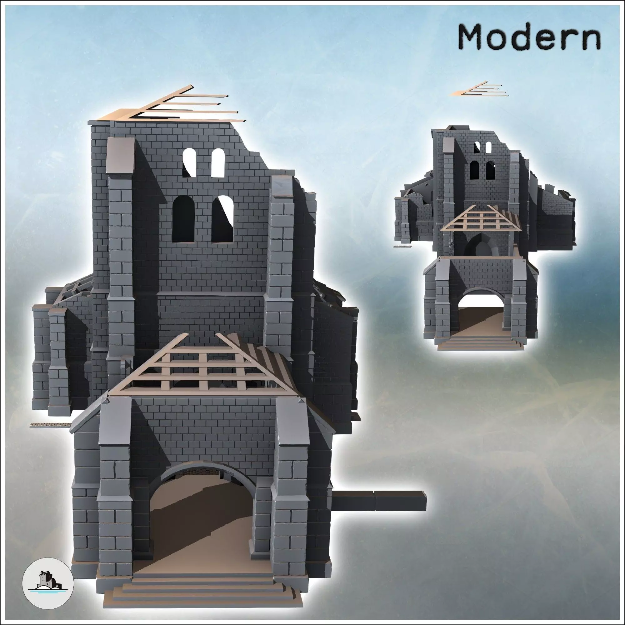 Ruined Spanish-style stone church with large corner buttresses a 3D print model_1