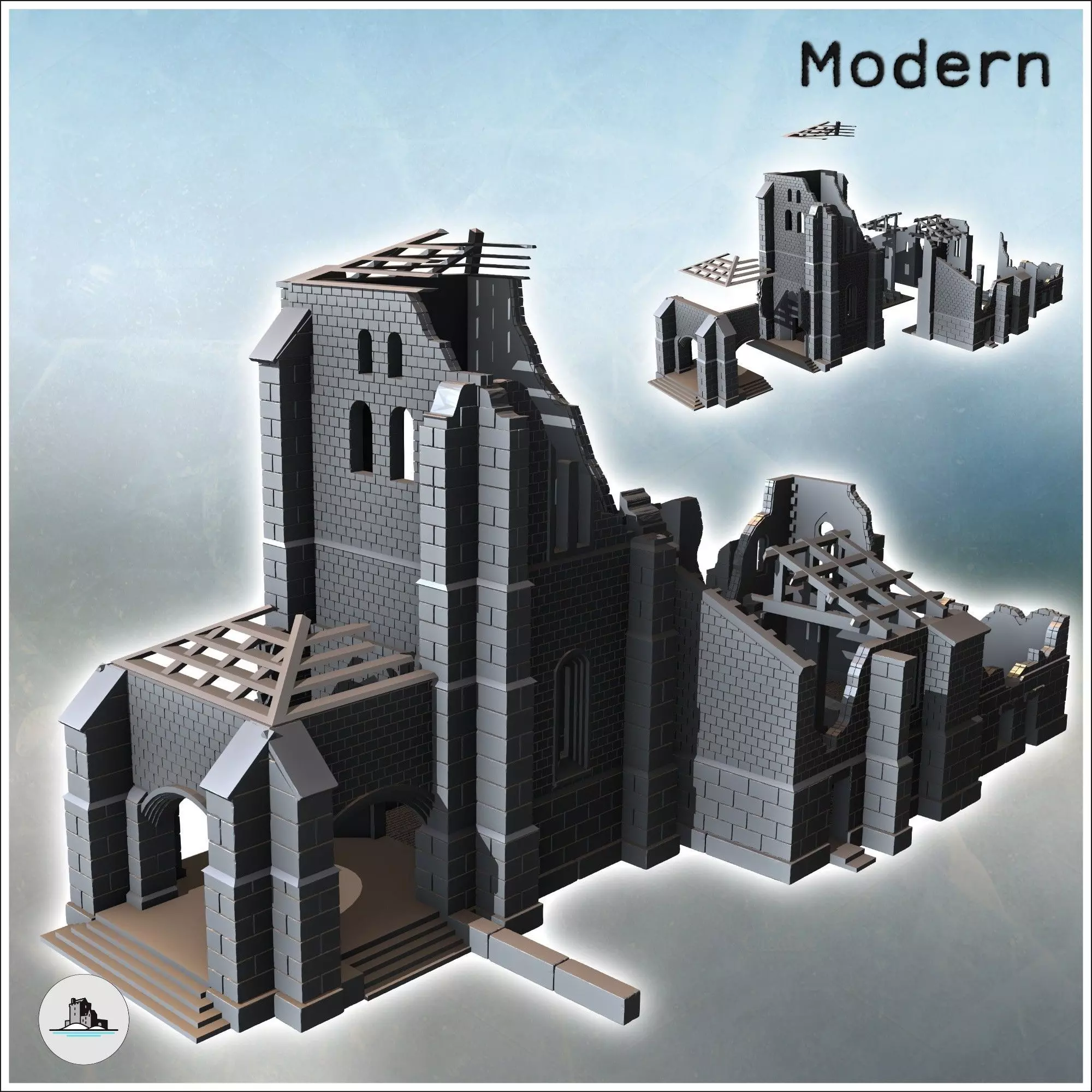 Ruined Spanish-style stone church with large corner buttresses a 3D print model_0