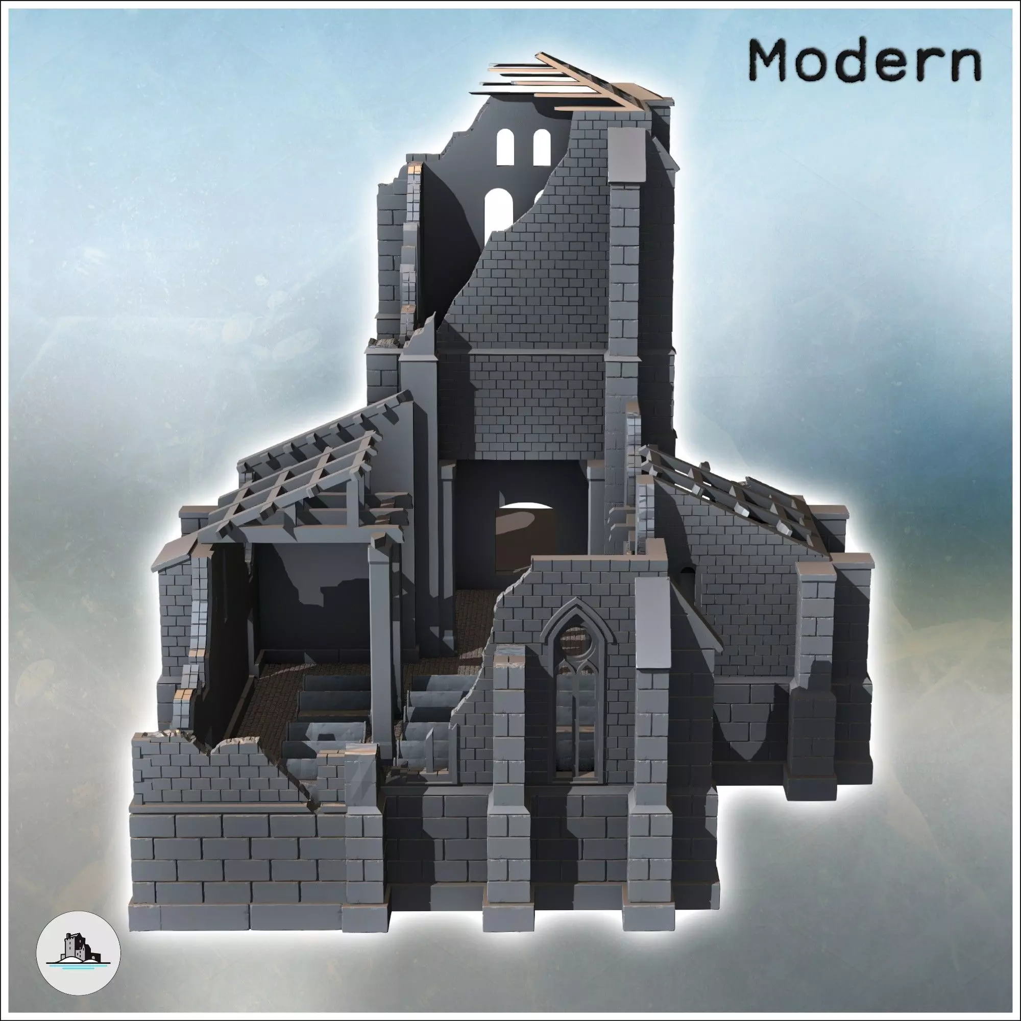 Ruined Spanish-style stone church with large corner buttresses a 3D print model_3