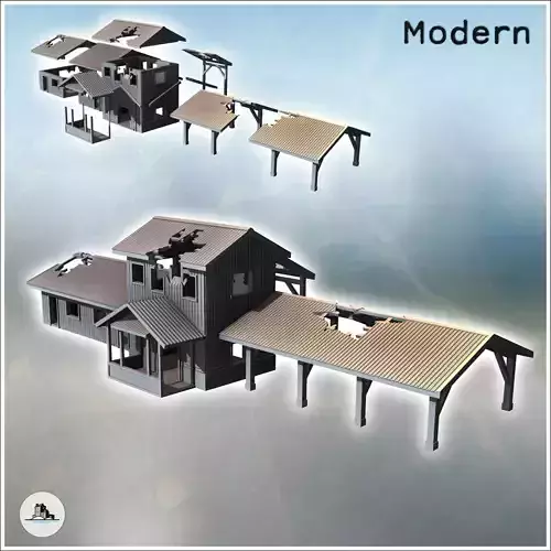 Damaged building with a central tower tin roof and large side aw