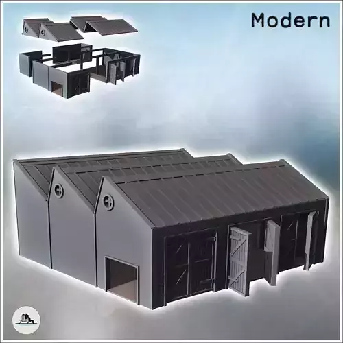 Factory with shed roof three large reinforced wooden doors and r