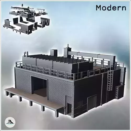 Modern industrial building with roof access ladder brick walls a