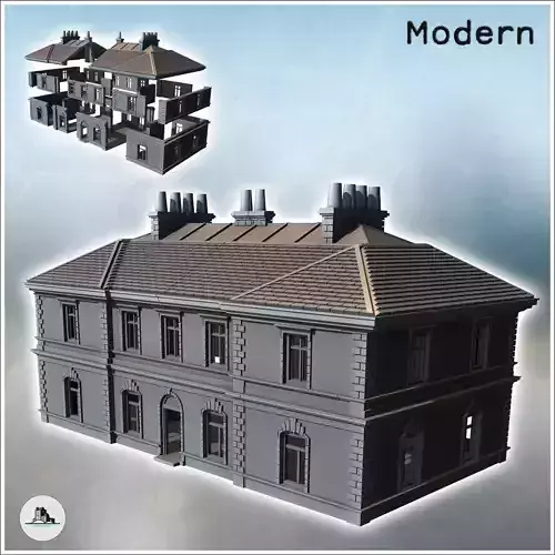 Modern multi-story building with tiled roof and multiple chimney