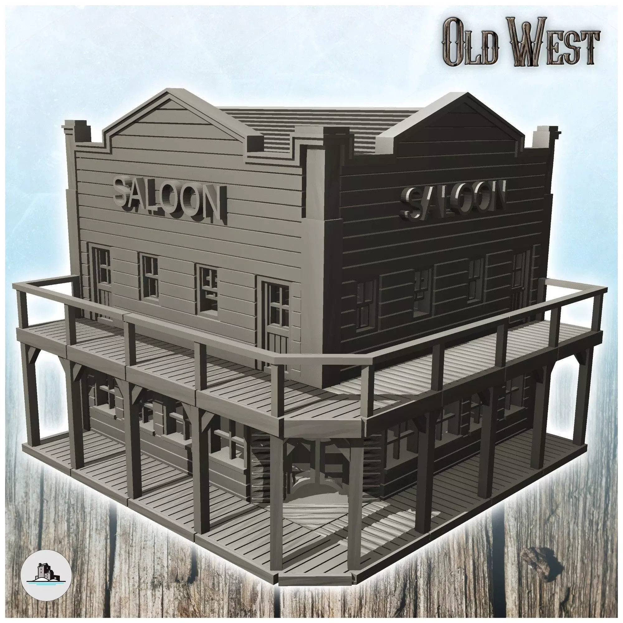 Corner saloon building with wooden balcony 9 - Cowboy USA Americ 3D print model_0