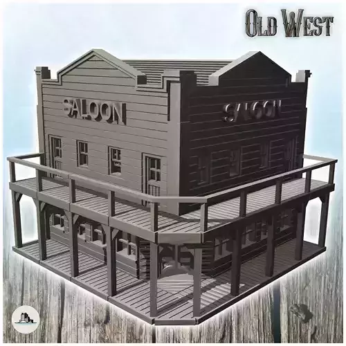 Corner saloon building with wooden balcony 9 - Cowboy USA Americ