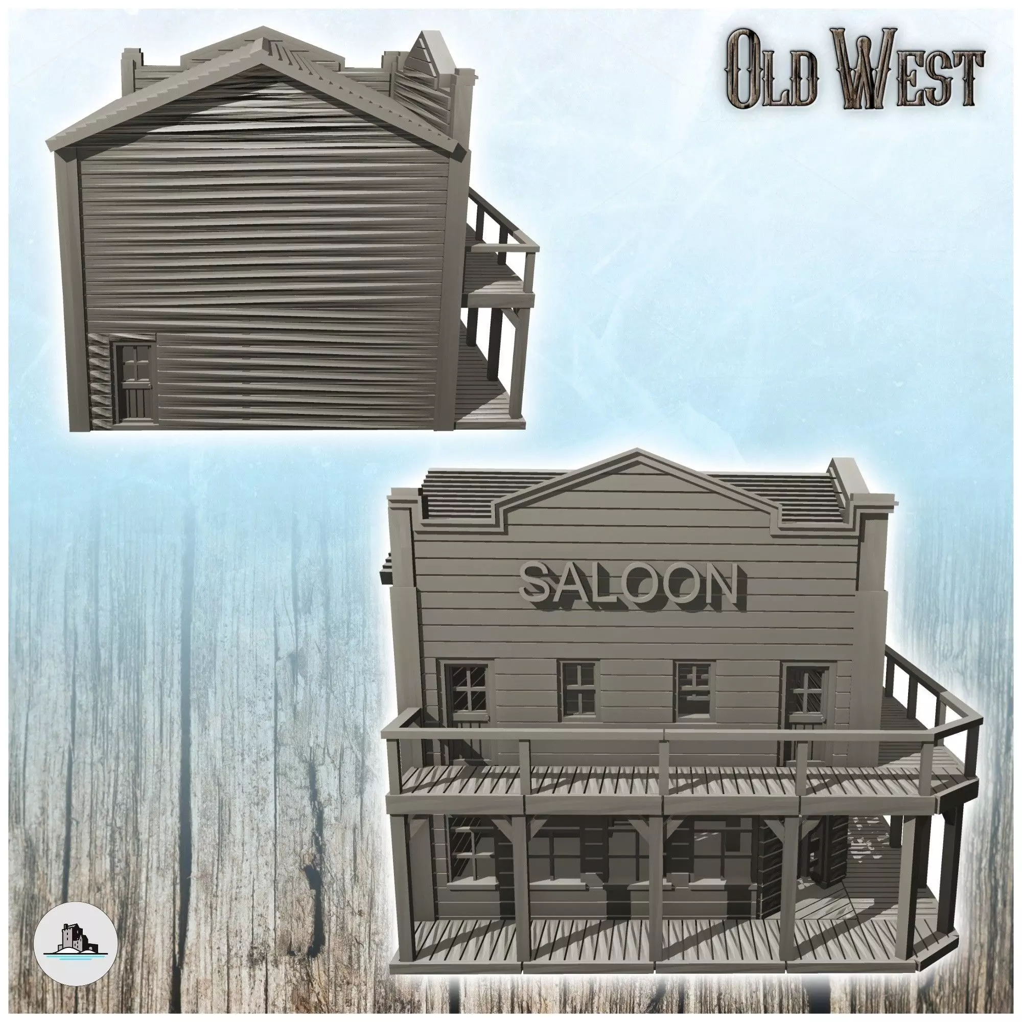 Corner saloon building with wooden balcony 9 - Cowboy USA Americ 3D print model_1