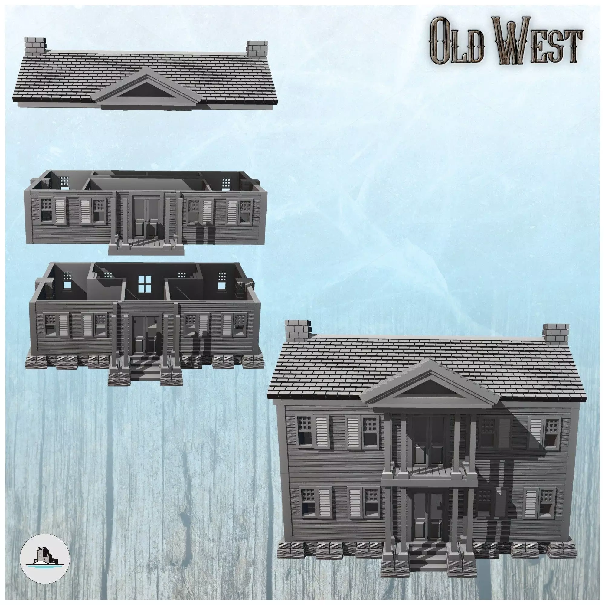 Greek revival western western plantation mansion with one floor  3D print model_1