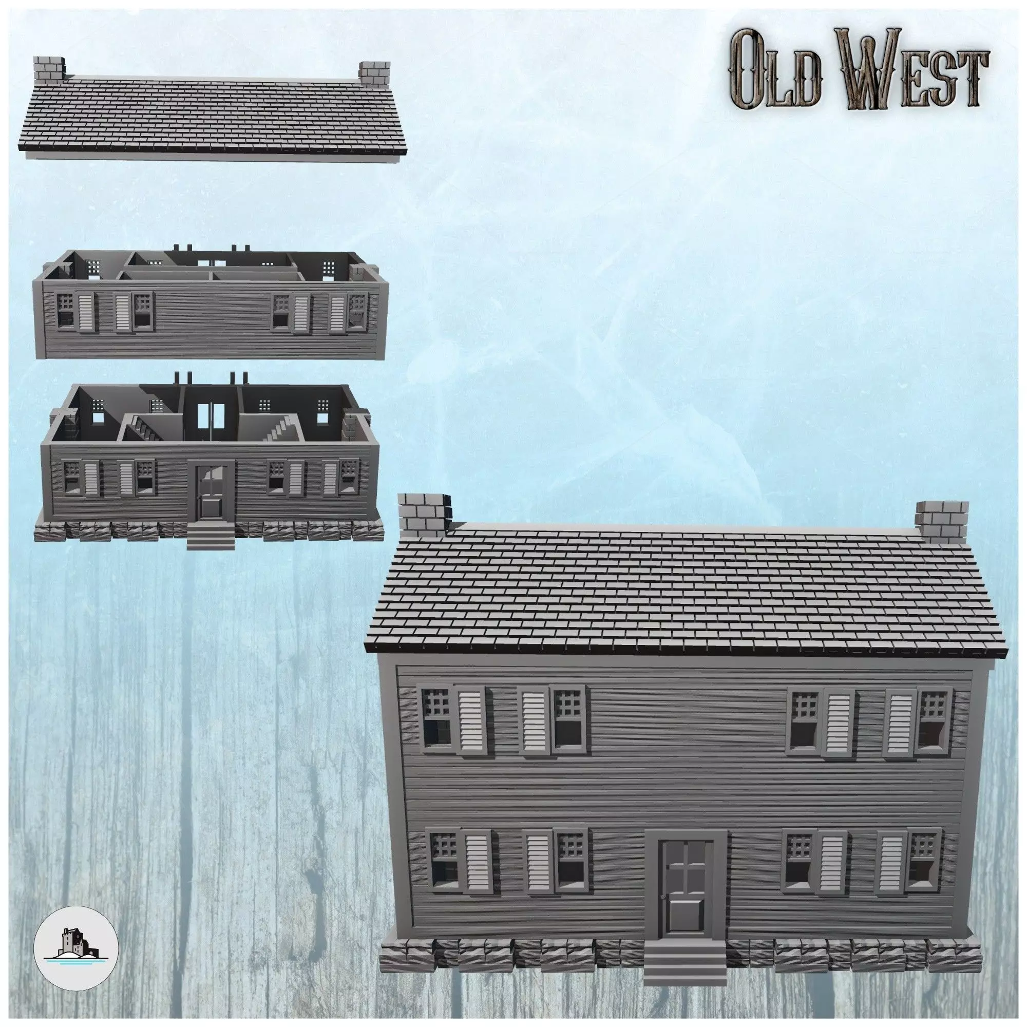 Greek revival western western plantation mansion with one floor  3D print model_3