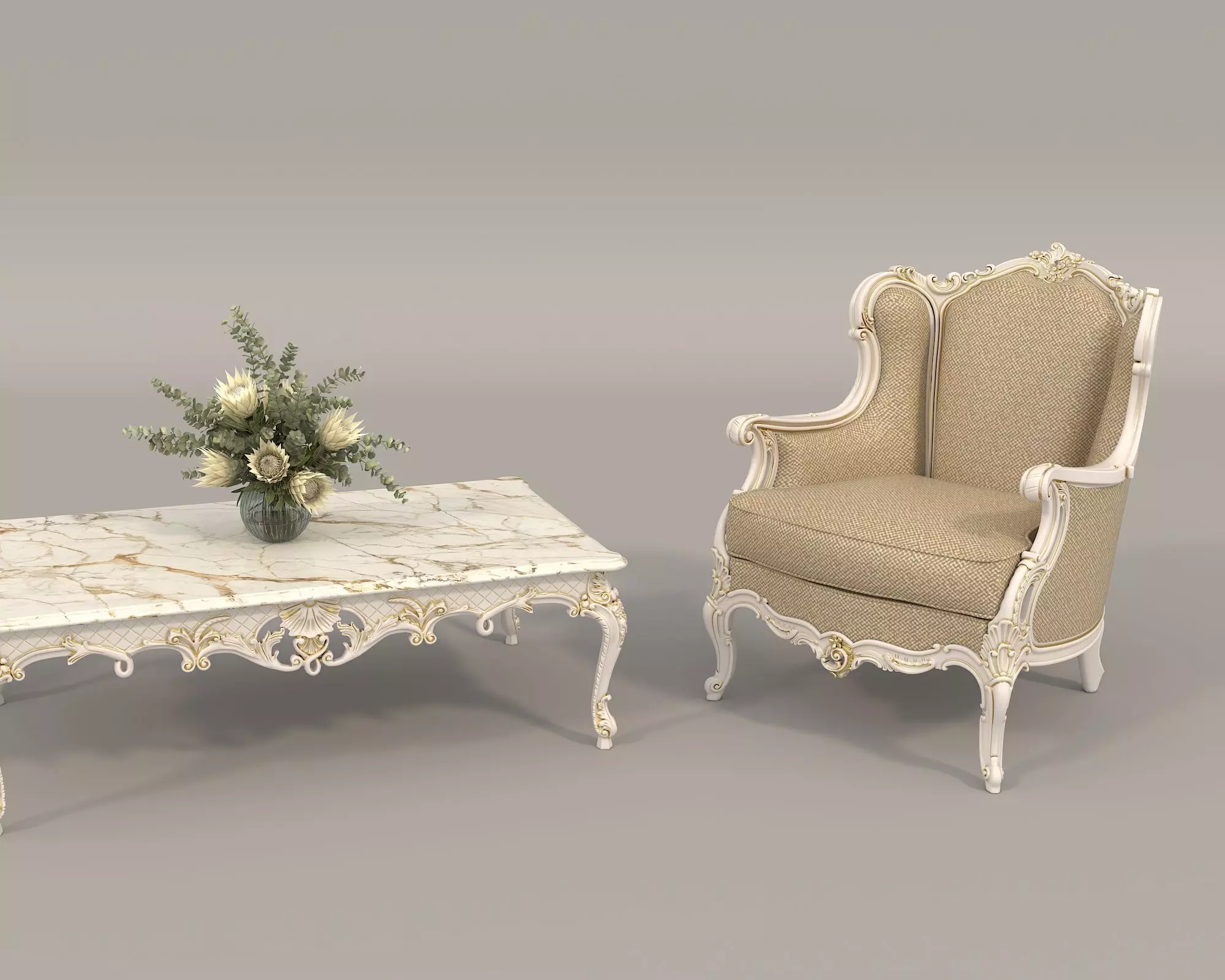 Classic European Style Coffee Table and Armchair 34 3D model_2