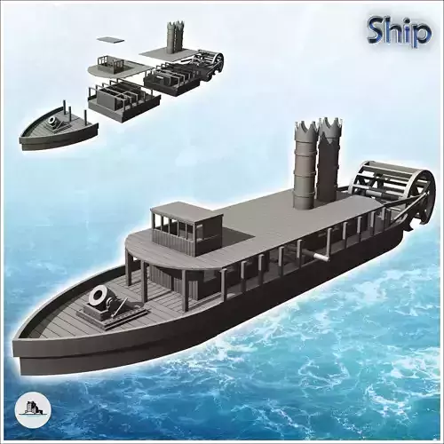 Armed paddle steamer with cannons 4 - Cowboy USA America ACW Ame 3D print model